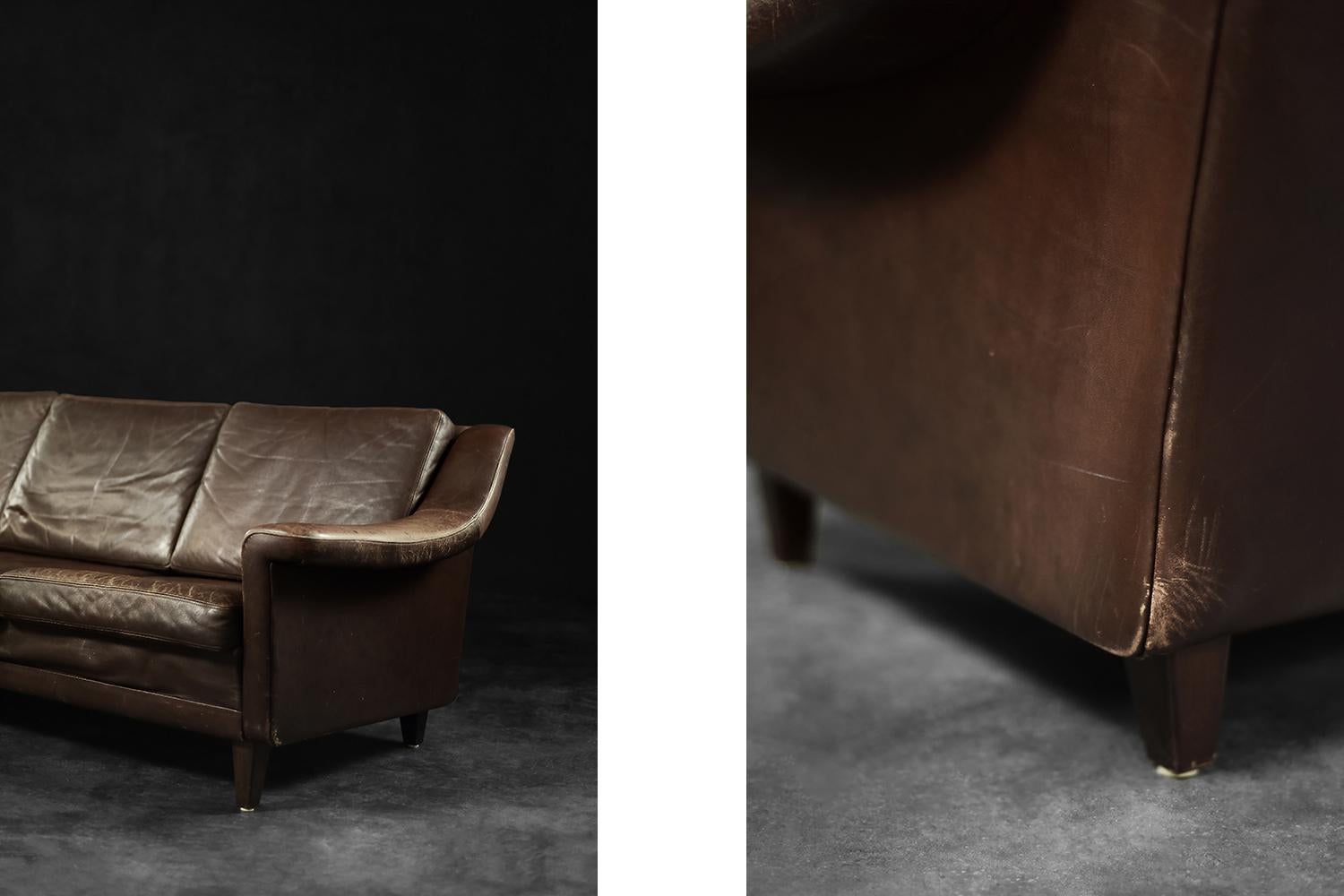 Vintage Mid-Century Scandinavian Danish Modern Brown Leather 3-Seater Sofa, 1970 im Angebot 1
