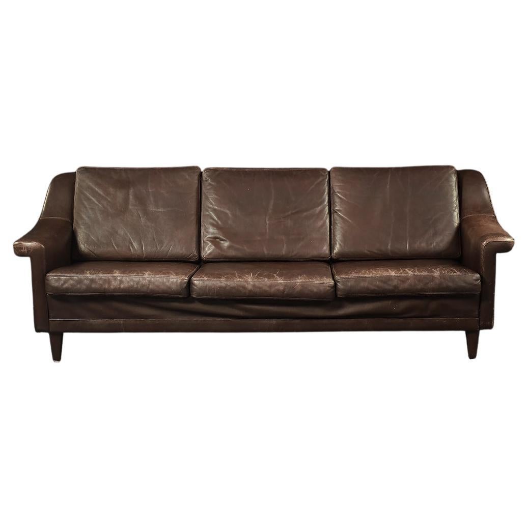 Vintage Mid-Century Scandinavian Danish Modern Brown Leather 3-Seater Sofa, 1970 For Sale