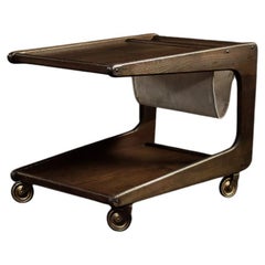 Chariot de bar en frêne vintage scandinave moderne du milieu du siècle avec porte-revues en lin