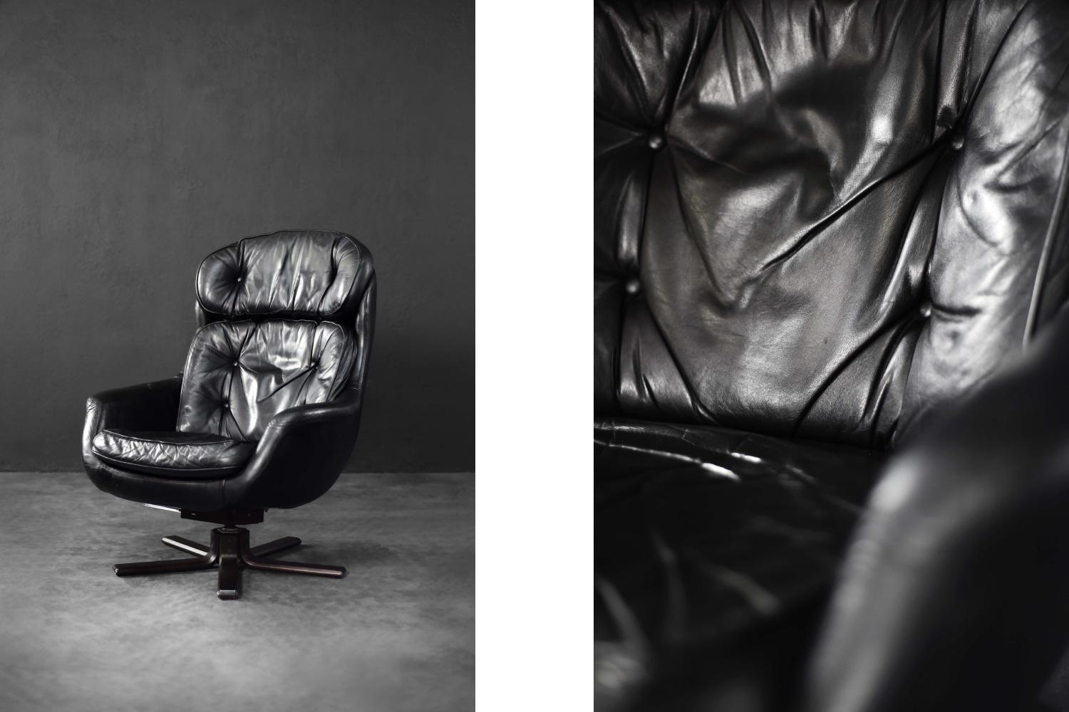 Fin du 20e siècle Vintage Mid-Century Scandinavian Modern Lounge Swivel Chair en cuir noir, 1970 en vente