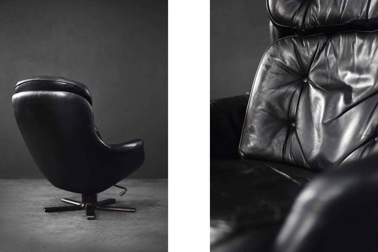 Vintage Mid-Century Scandinavian Modern Lounge Swivel Chair en cuir noir, 1970 en vente 1