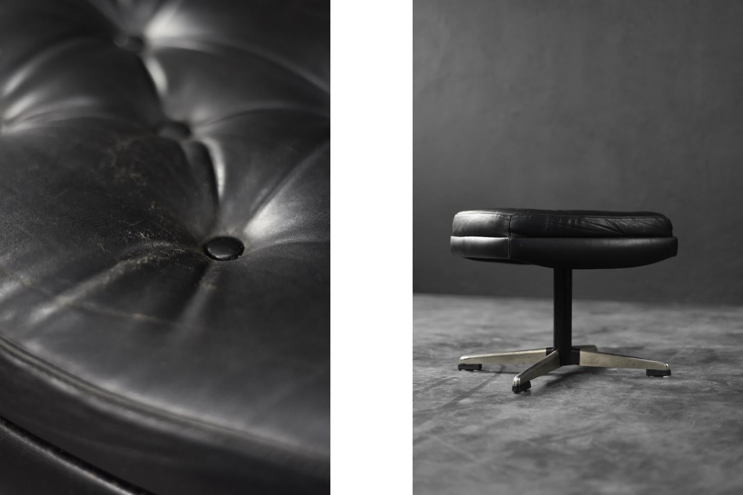 Late 20th Century Vintage Mid-Century Scandinavian Modern Black Leather Rectangular Ottoman, 1970s For Sale