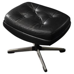 Vintage Mid-Century Scandinavian Modern Black Leather Rectangular Ottoman, 1970s