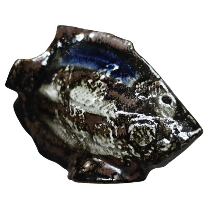 Vintage Mid-Century Scandinavian Modern Brown and Cobalt Stoneware Fish Figurine