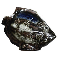 Vintage Mid-Century Scandinavian Modern Brown and Cobalt Stoneware Fish Figurine