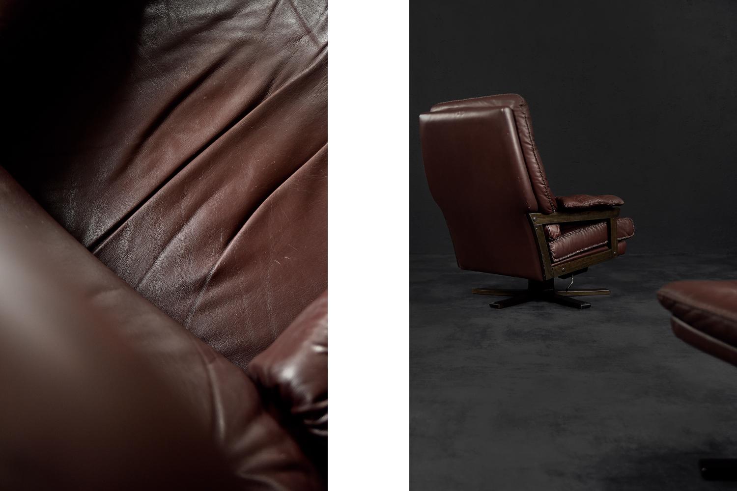 Vintage Midcentury Scandinavian Modern Leather Executive Swivel Chair & Ottoman For Sale 1