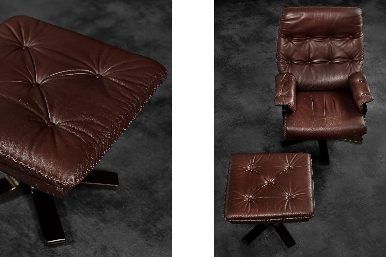 Vintage Midcentury Scandinavian Modern Leather Executive Swivel Chair & Ottoman For Sale 1