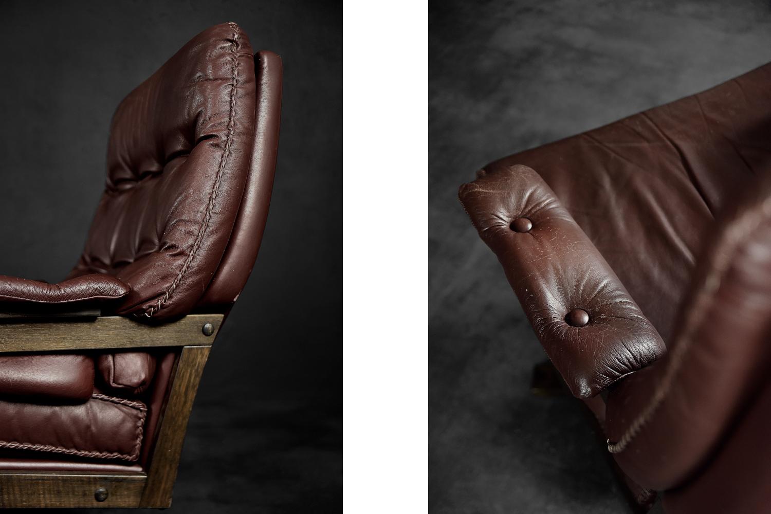 Vintage Midcentury Scandinavian Modern Leather Executive Swivel Chair & Ottoman For Sale 2