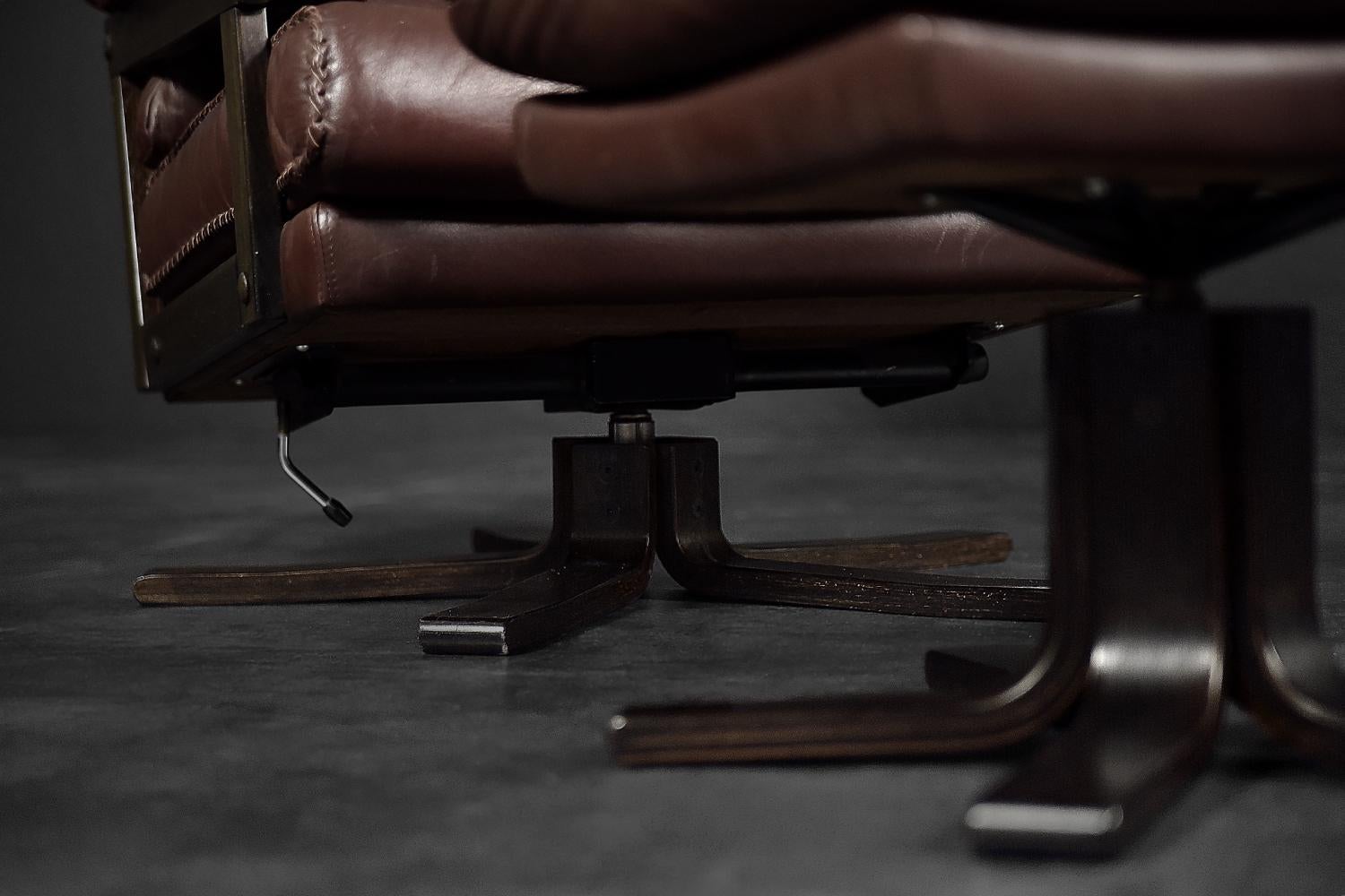 Vintage Midcentury Scandinavian Modern Leather Executive Swivel Chair & Ottoman For Sale 3