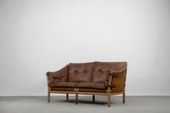 Vintage Midcentury Scandinavian Modern Oak & Brown Leather 2-Seater Safari Sofa