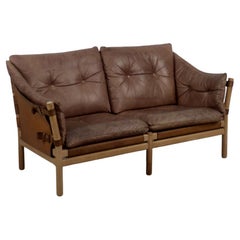 Vintage Midcentury Scandinavian Modern Oak & Brown Leather 2-Seater Safari Sofa