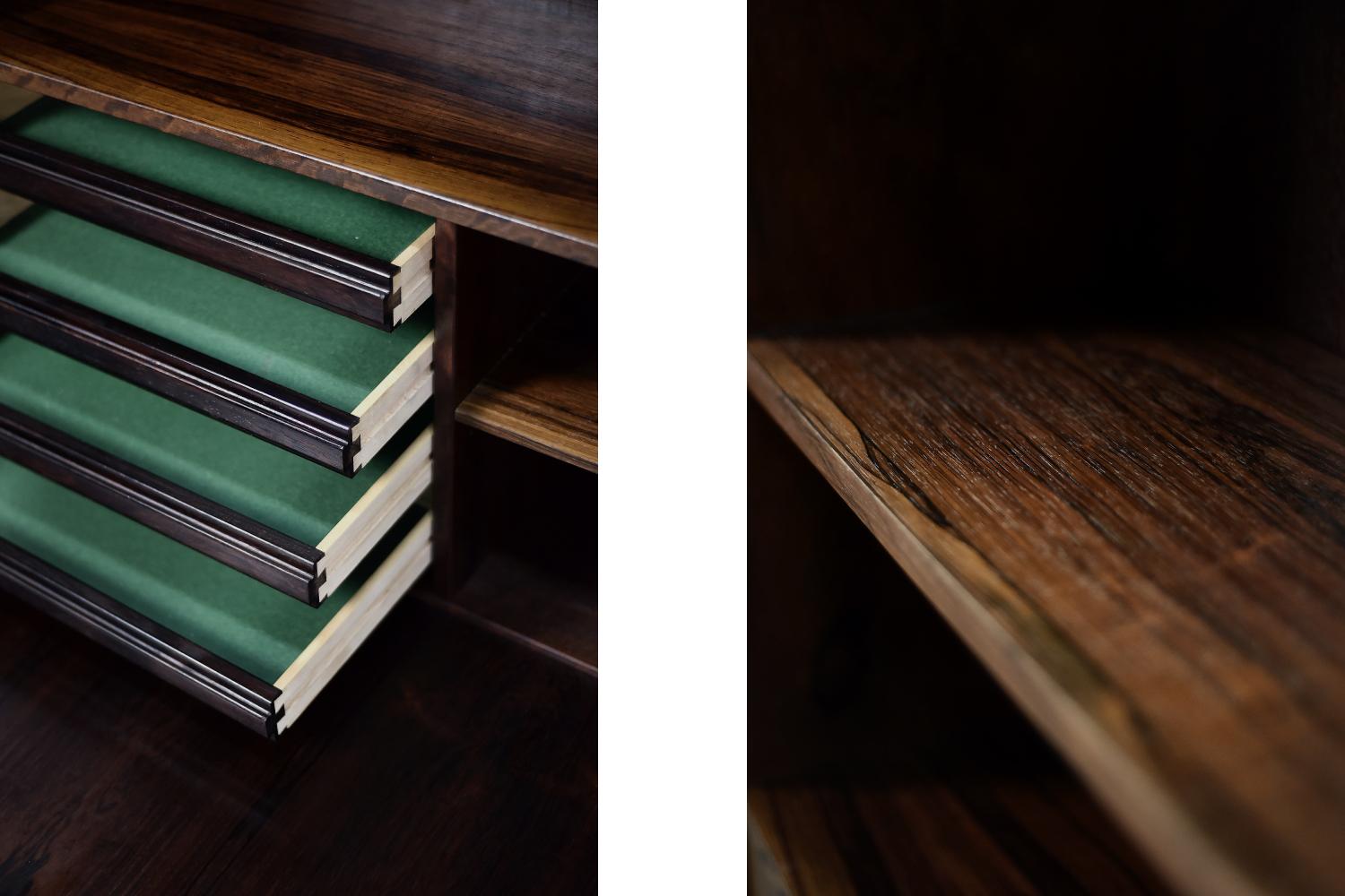 Vintage Mid-Century Scandinavian Modern Rosewood & Green Felt Highboard with Bar For Sale 1