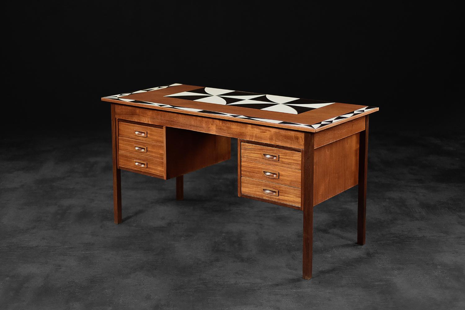 Wood Vintage Midcentury Scandinavian Modern Teak Desk with Hand Painted Pattern For Sale