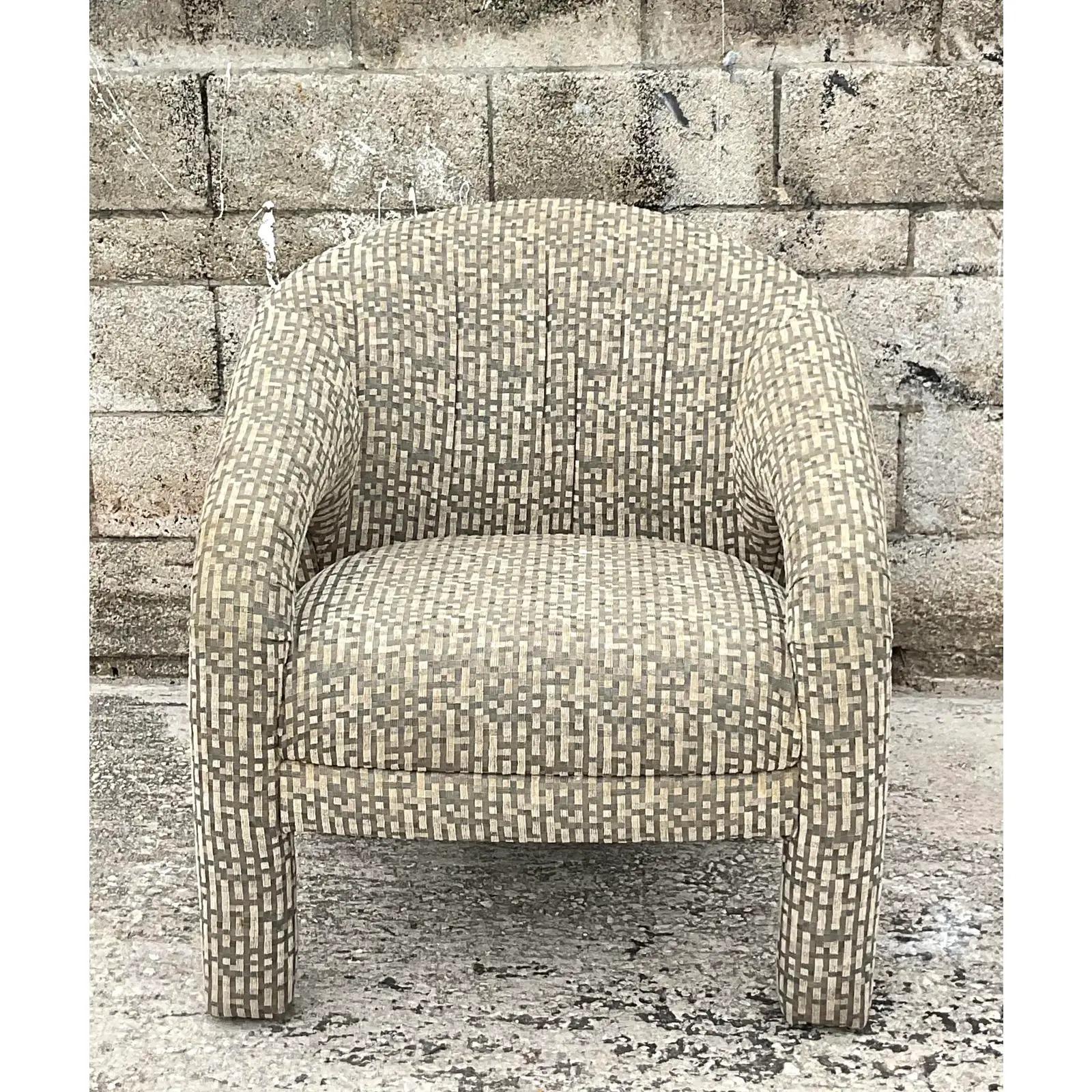 Fantastic vintage MCM sculptural lounge chair. Beautiful neutral jacquard in the iconic Kagan shape. Acquired from a Palm Beach estate.