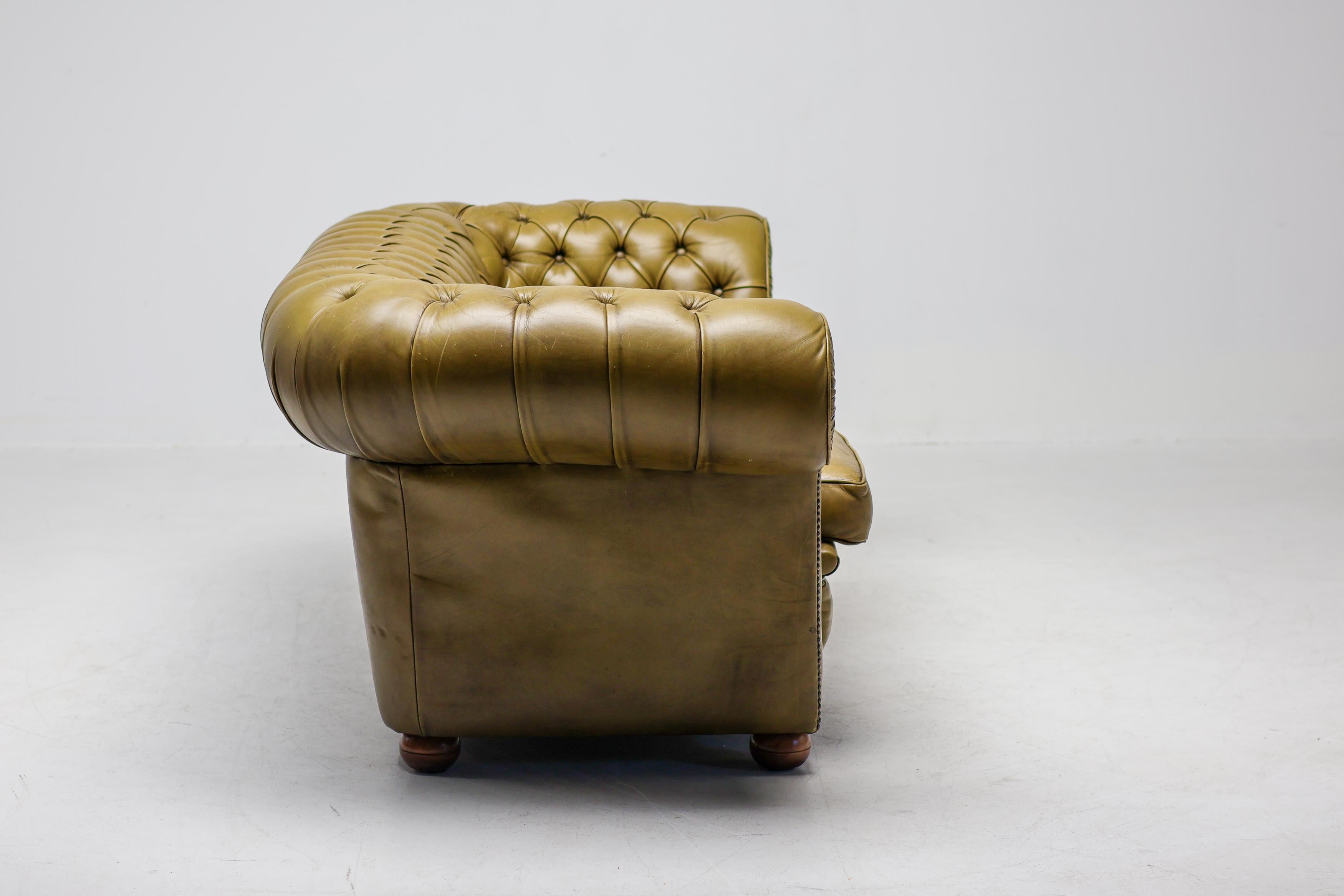Vintage Mid Century Seafoam Green Leather Chesterfield Sofa For Sale 2