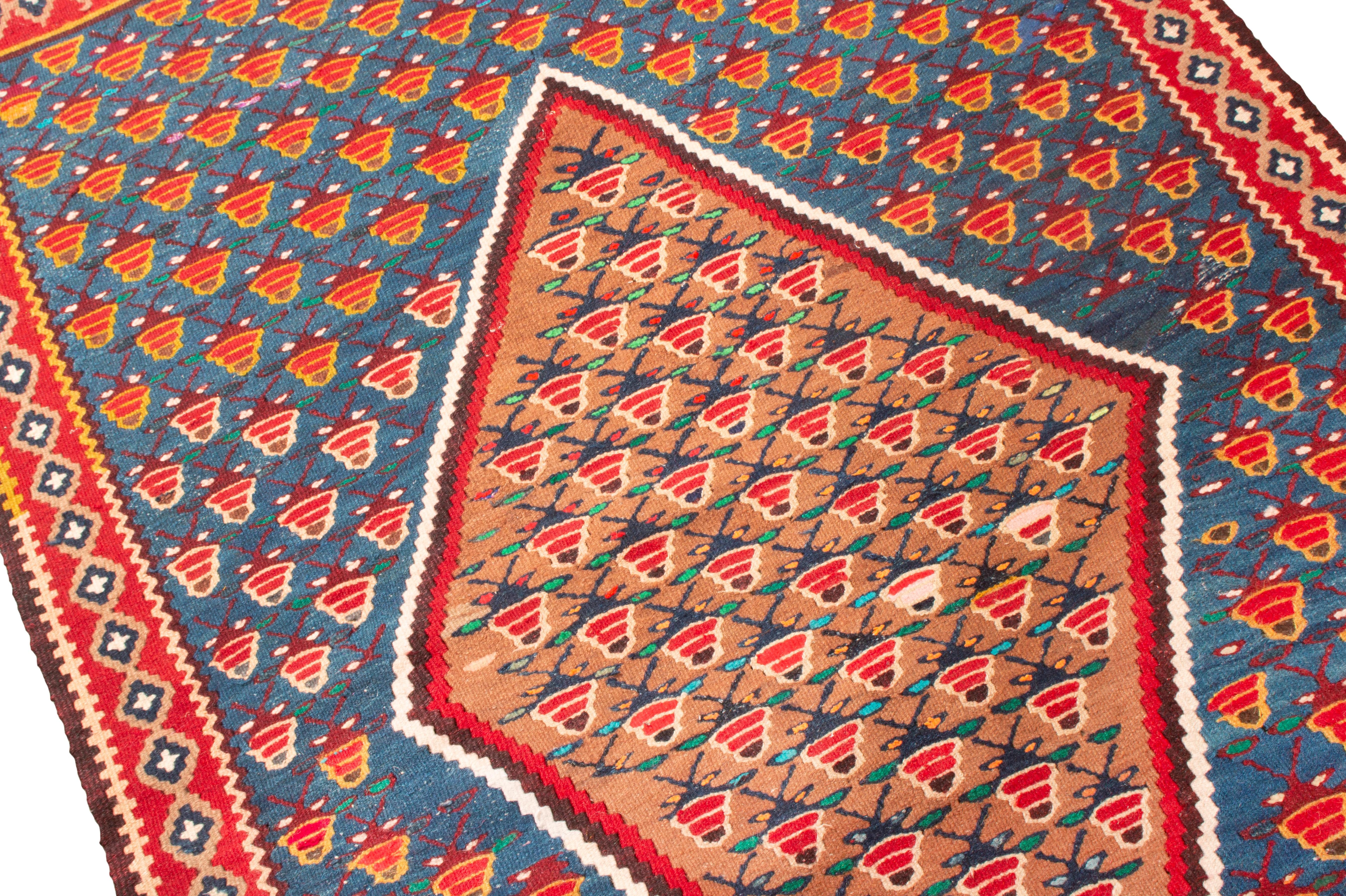 Hand-Knotted Vintage Midcentury Senneh Red and Blue Persian Kilim Rug