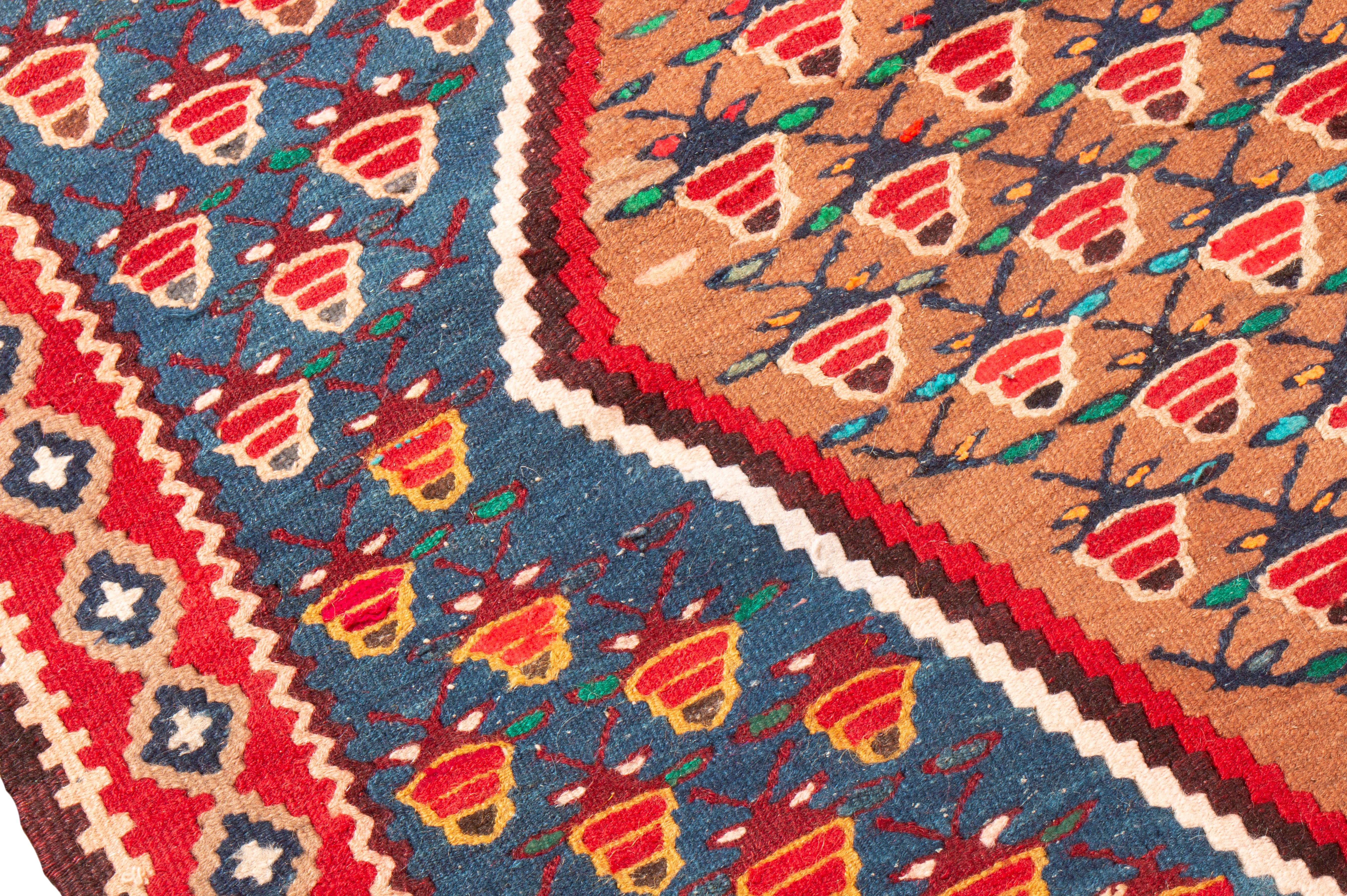 Vintage Midcentury Senneh Red and Blue Persian Kilim Rug In Good Condition In Long Island City, NY