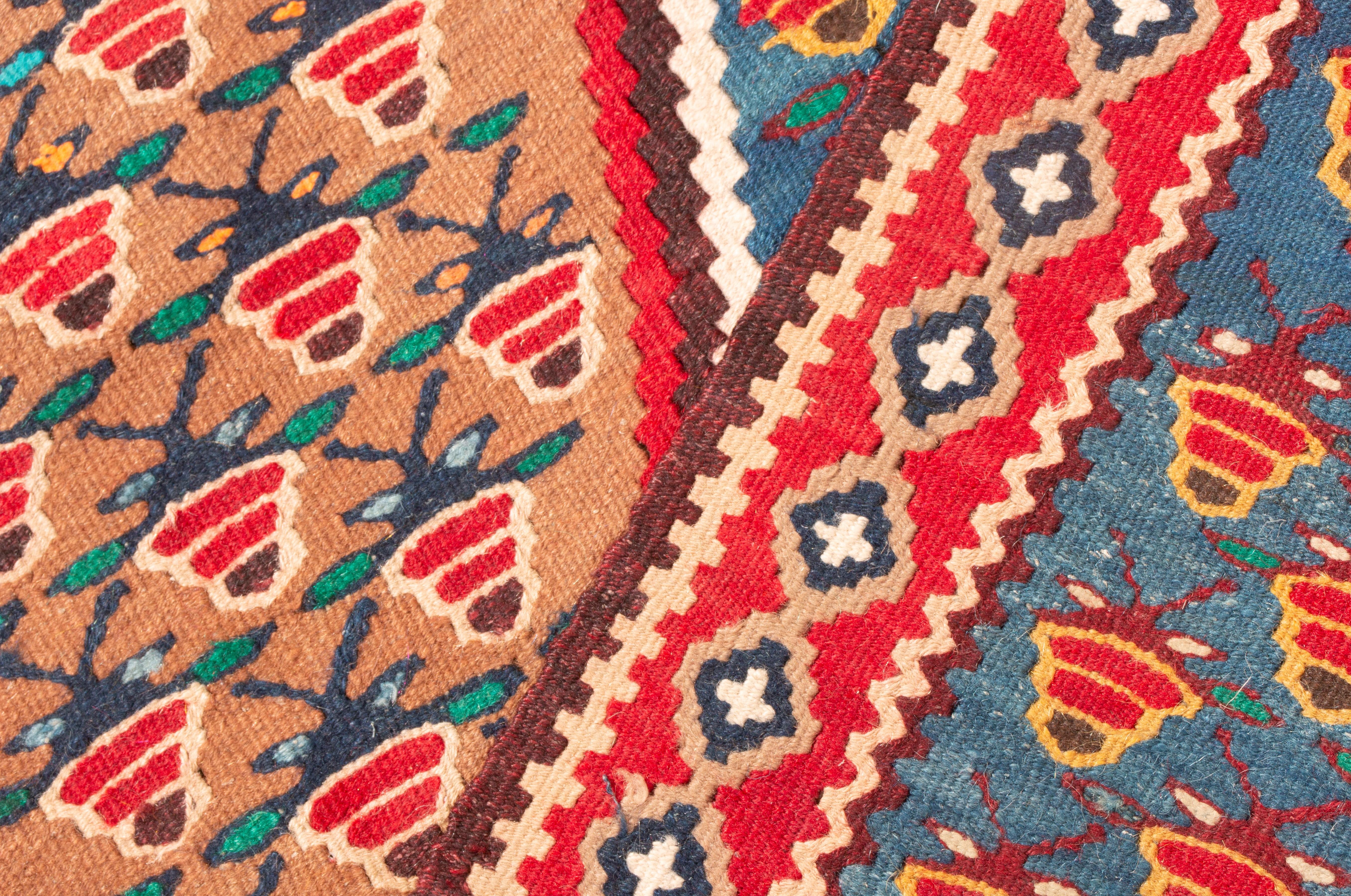 Wool Vintage Midcentury Senneh Red and Blue Persian Kilim Rug