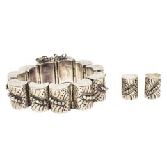 Vintage Mid Century Signed Sterling Silver Bracelet With Matching Earrings Set