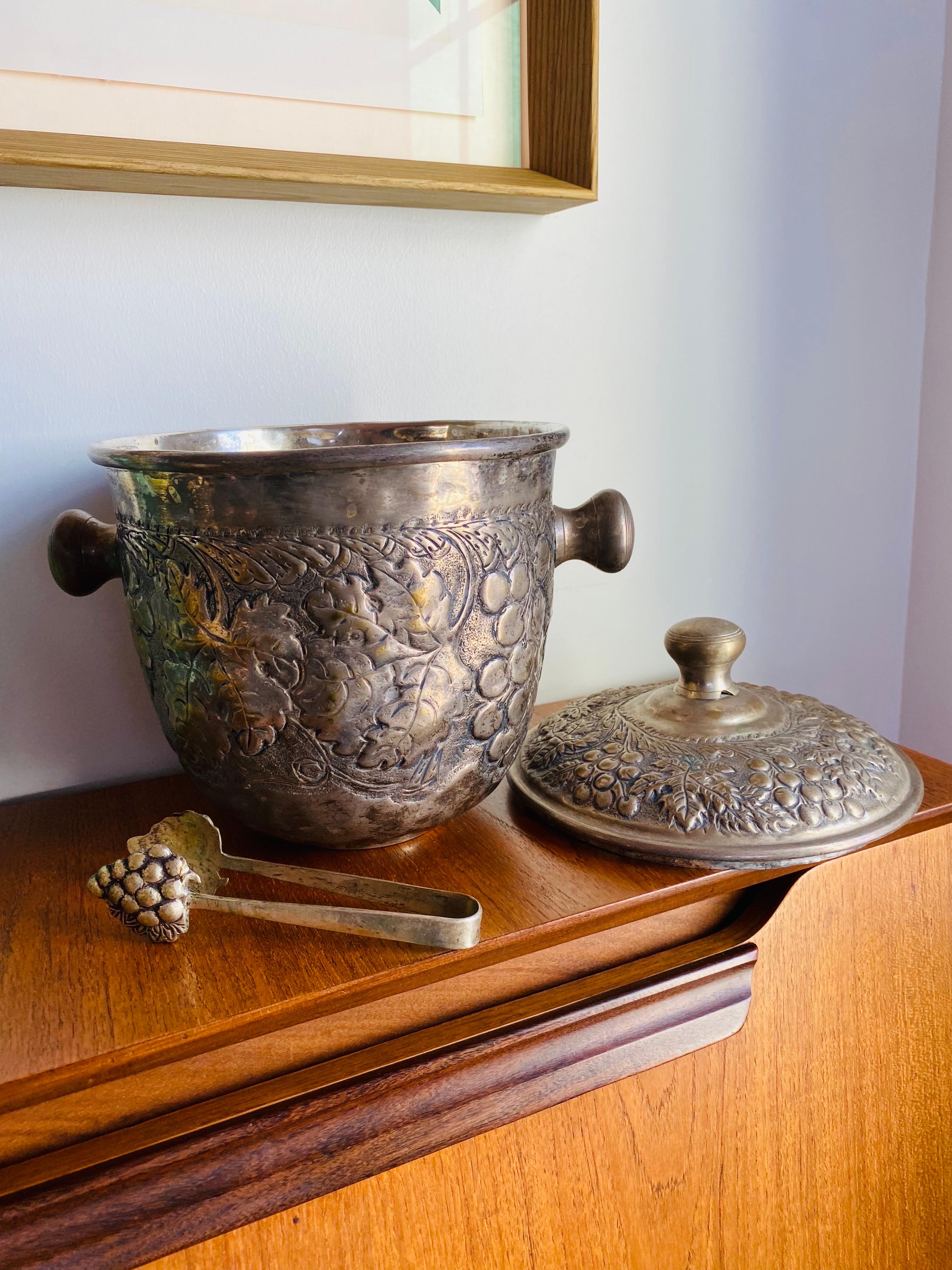 Victorian Vintage Mid Century Silver plated Repousse Ice Bucket with Tongs
