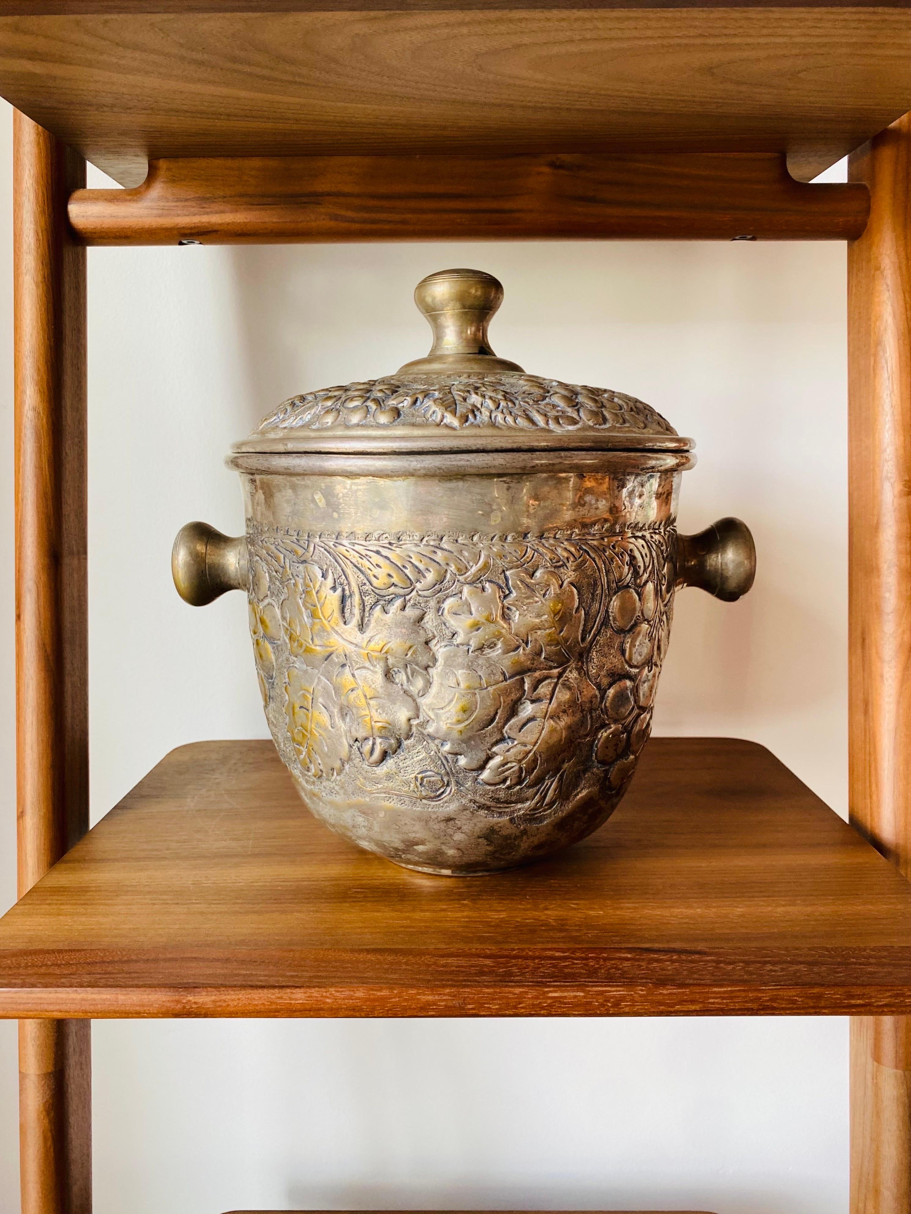 Indian Vintage Mid Century Silver plated Repousse Ice Bucket with Tongs