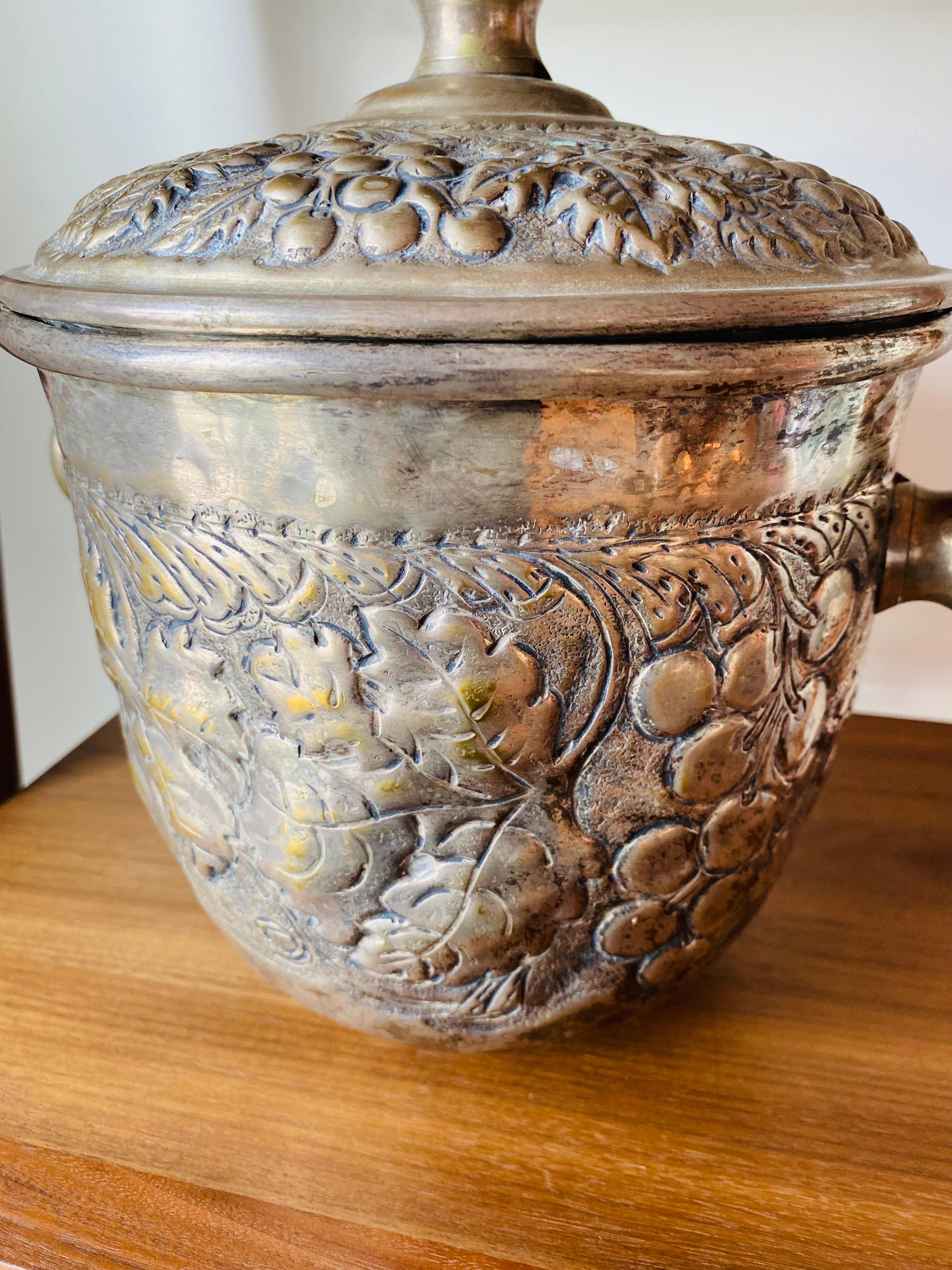 Hand-Crafted Vintage Mid Century Silver plated Repousse Ice Bucket with Tongs
