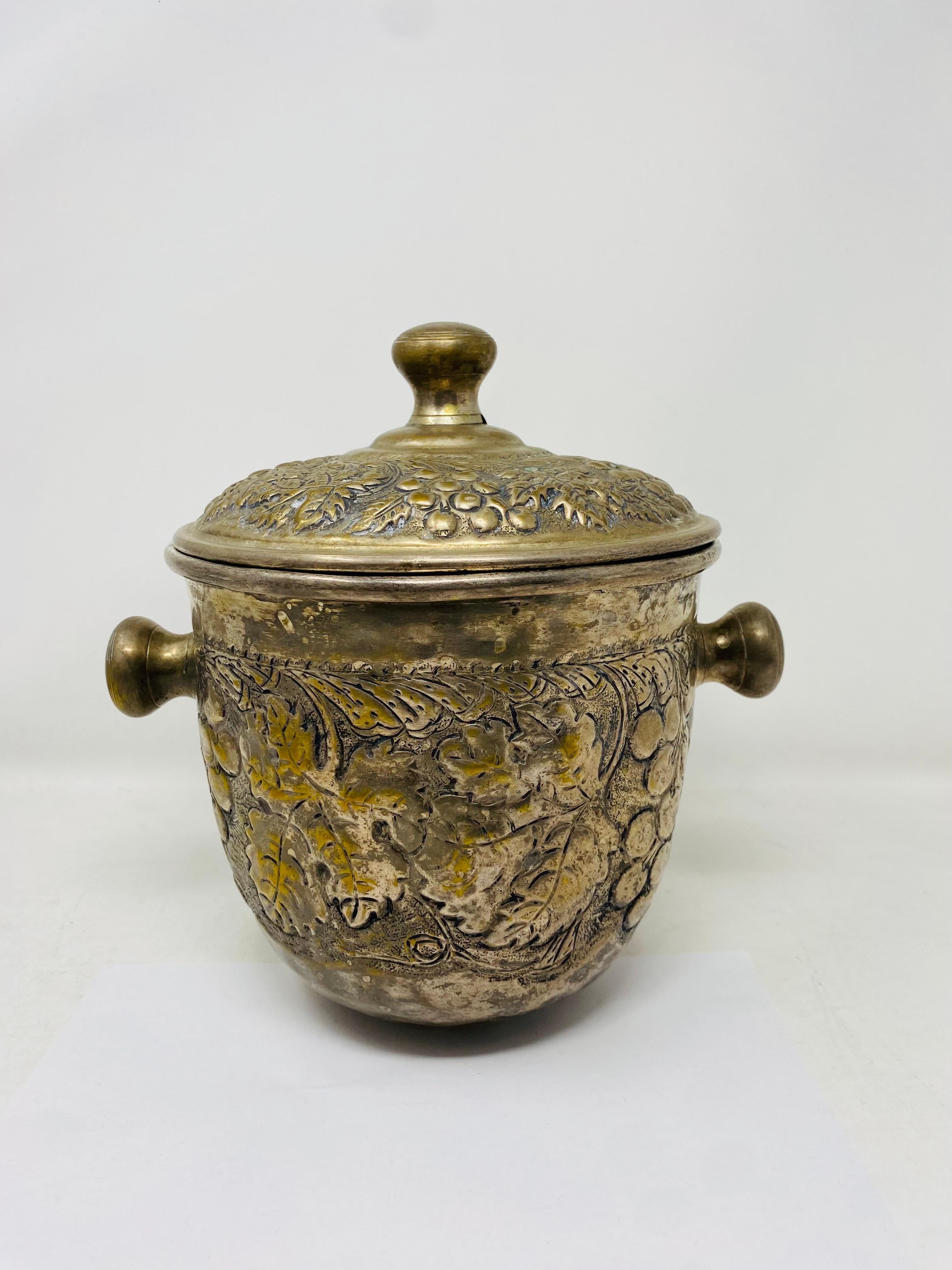 Silver Plate Vintage Mid Century Silver plated Repousse Ice Bucket with Tongs