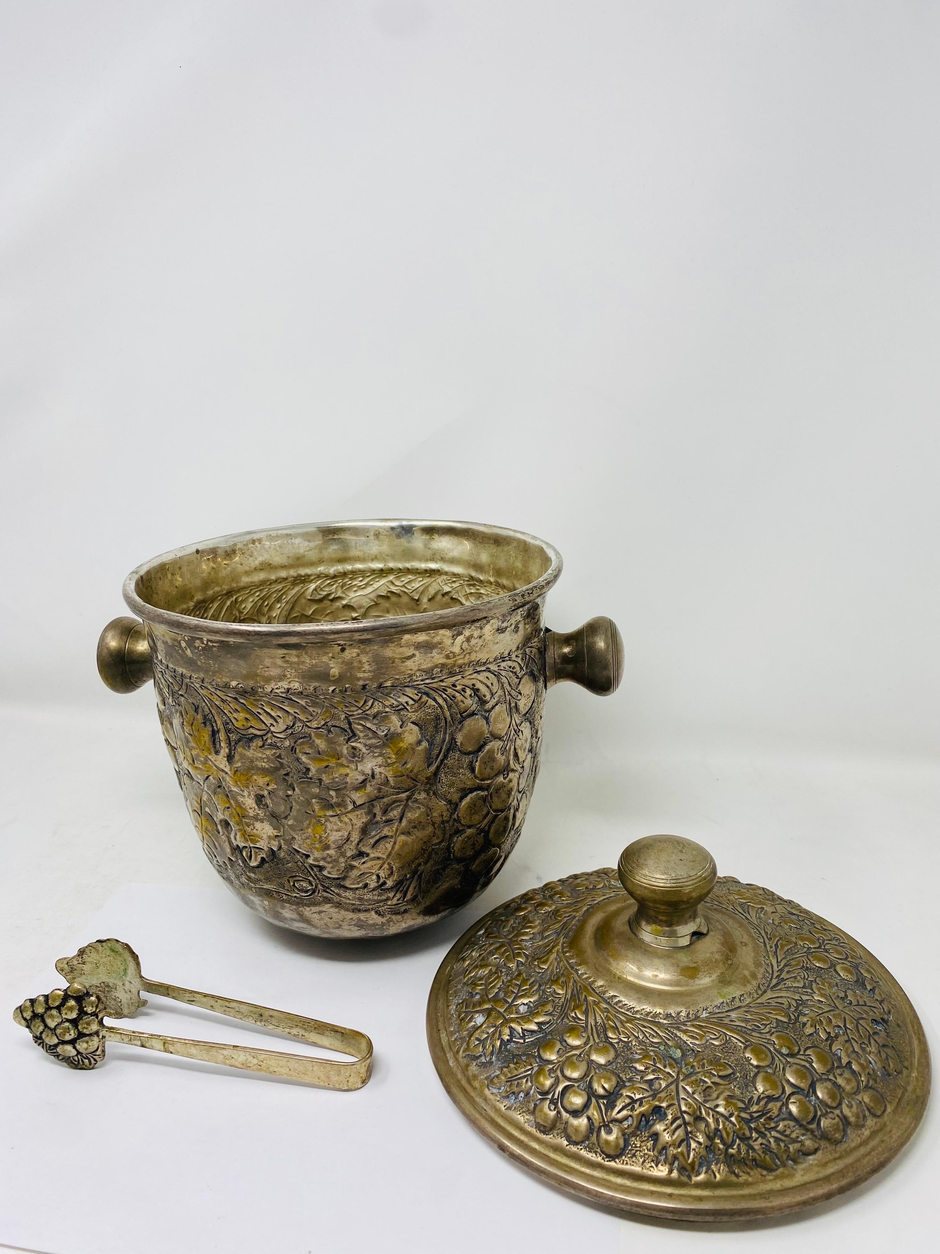 Vintage Mid Century Silver plated Repousse Ice Bucket with Tongs 1