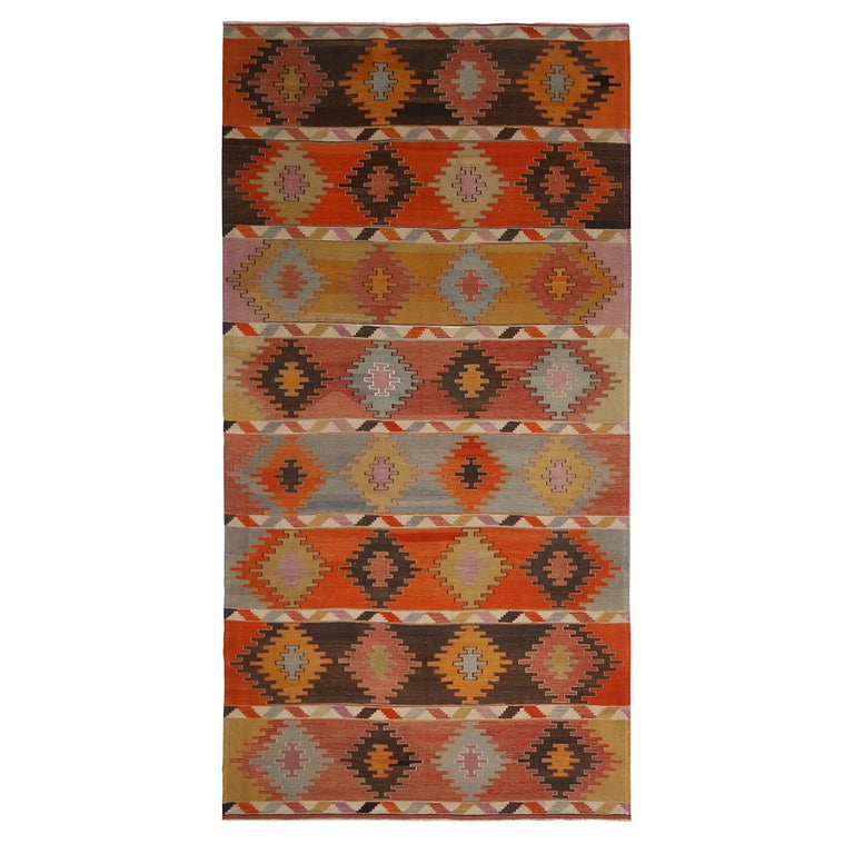Vintage Mid-Century Diamond Blue Orange Multi-Color Wool Rug by Rug and ...