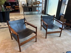 Vintage Mid-Century Sling chair, Walnut Frame and Slinged Black Leather