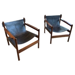 Vintage Mid-Century Sling chair, Walnut Frame and Slinged Black Leather