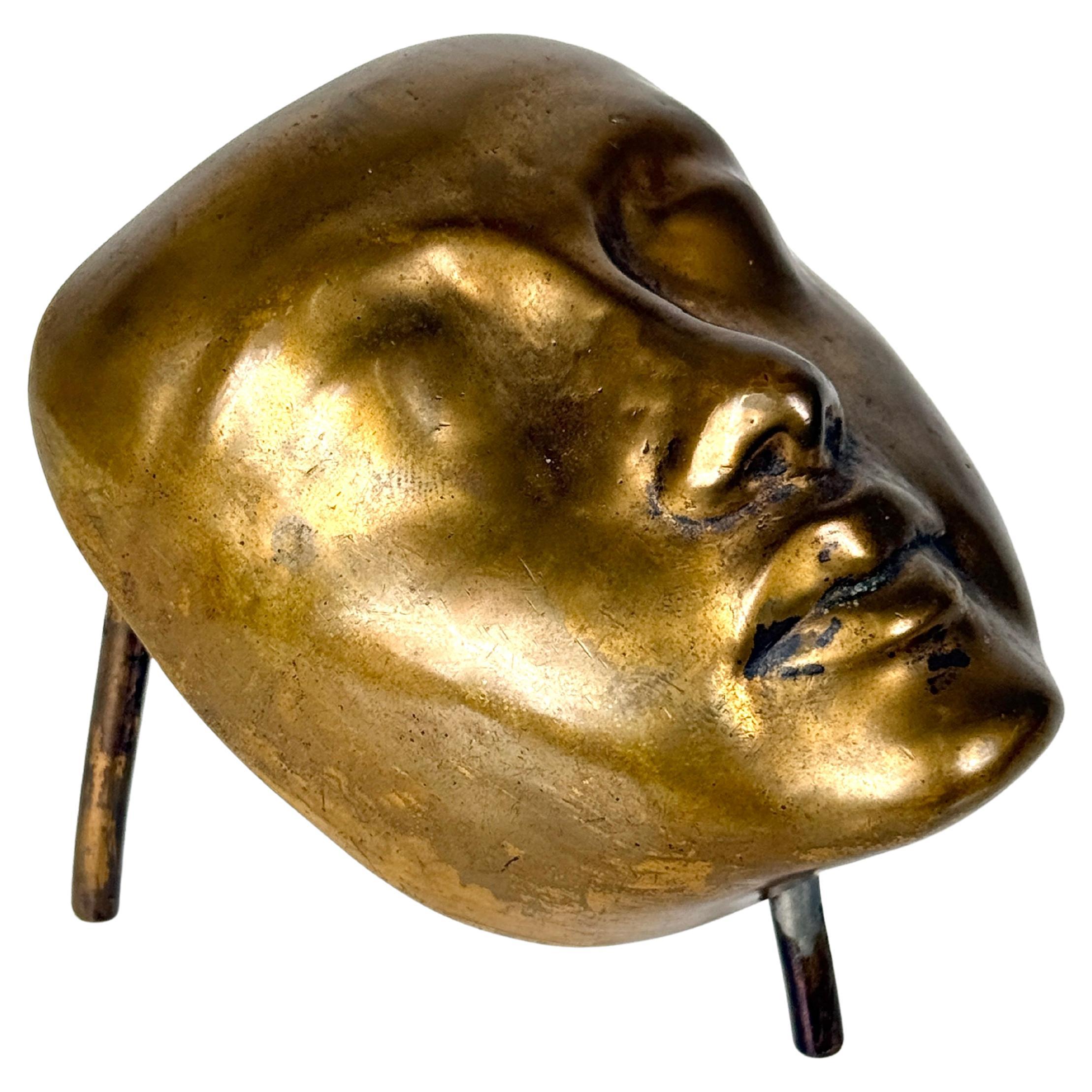 Vintage Mid Century Small Brass Mask Face Table Top Surrealist Sculpture 1960s