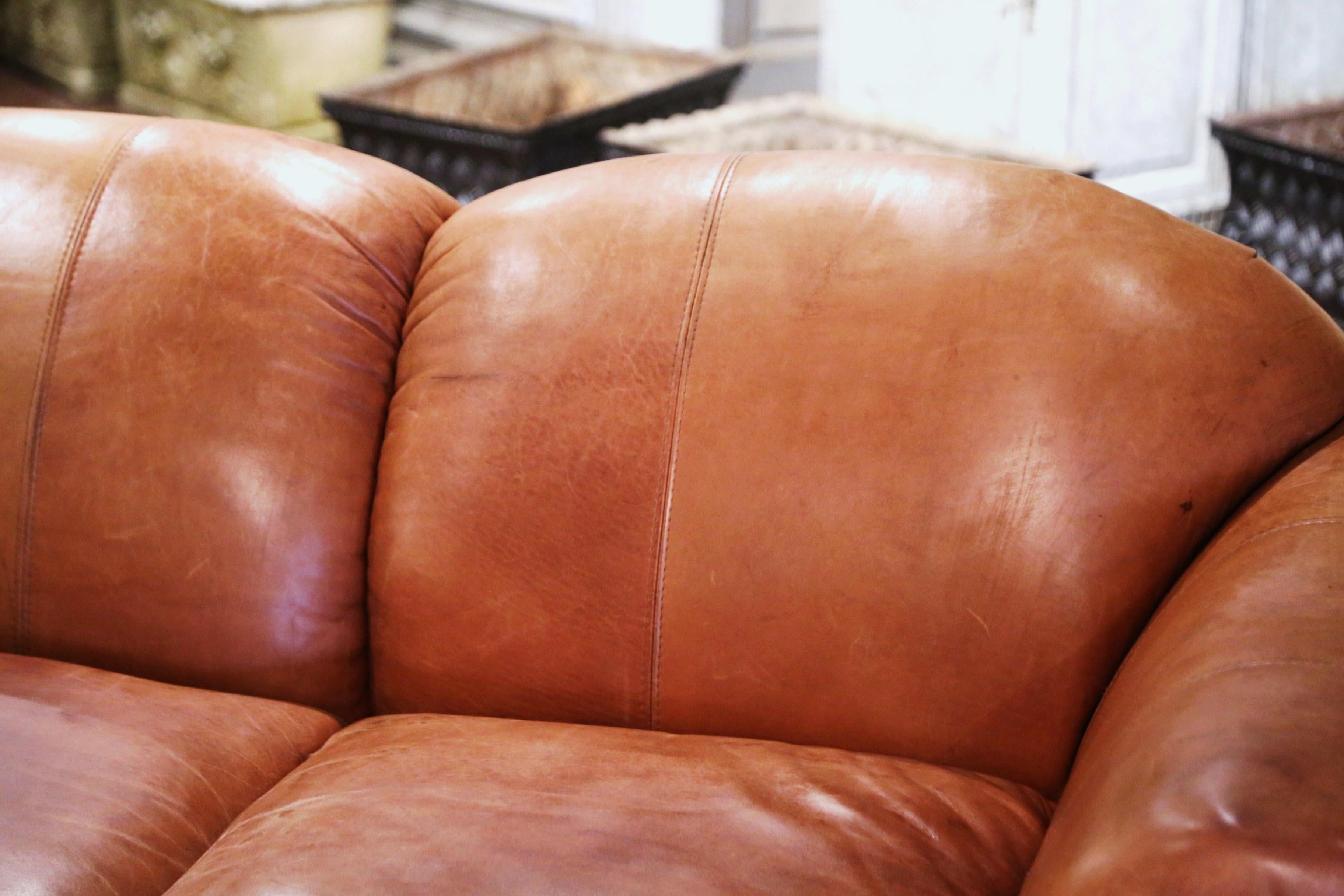 French Vintage Mid-Century Sofa with Original Brown Leather