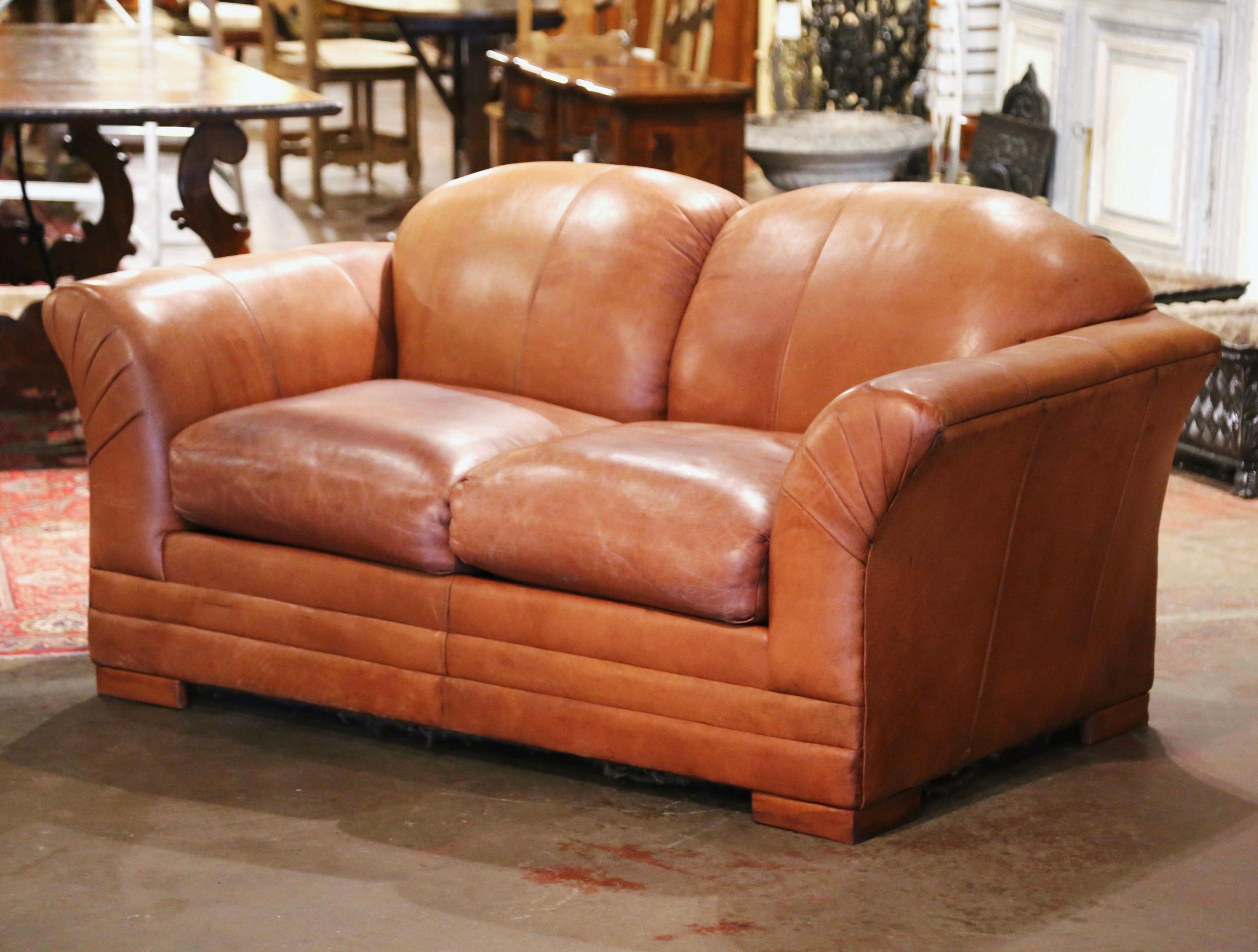 Hand-Crafted Vintage Mid-Century Sofa with Original Brown Leather For Sale