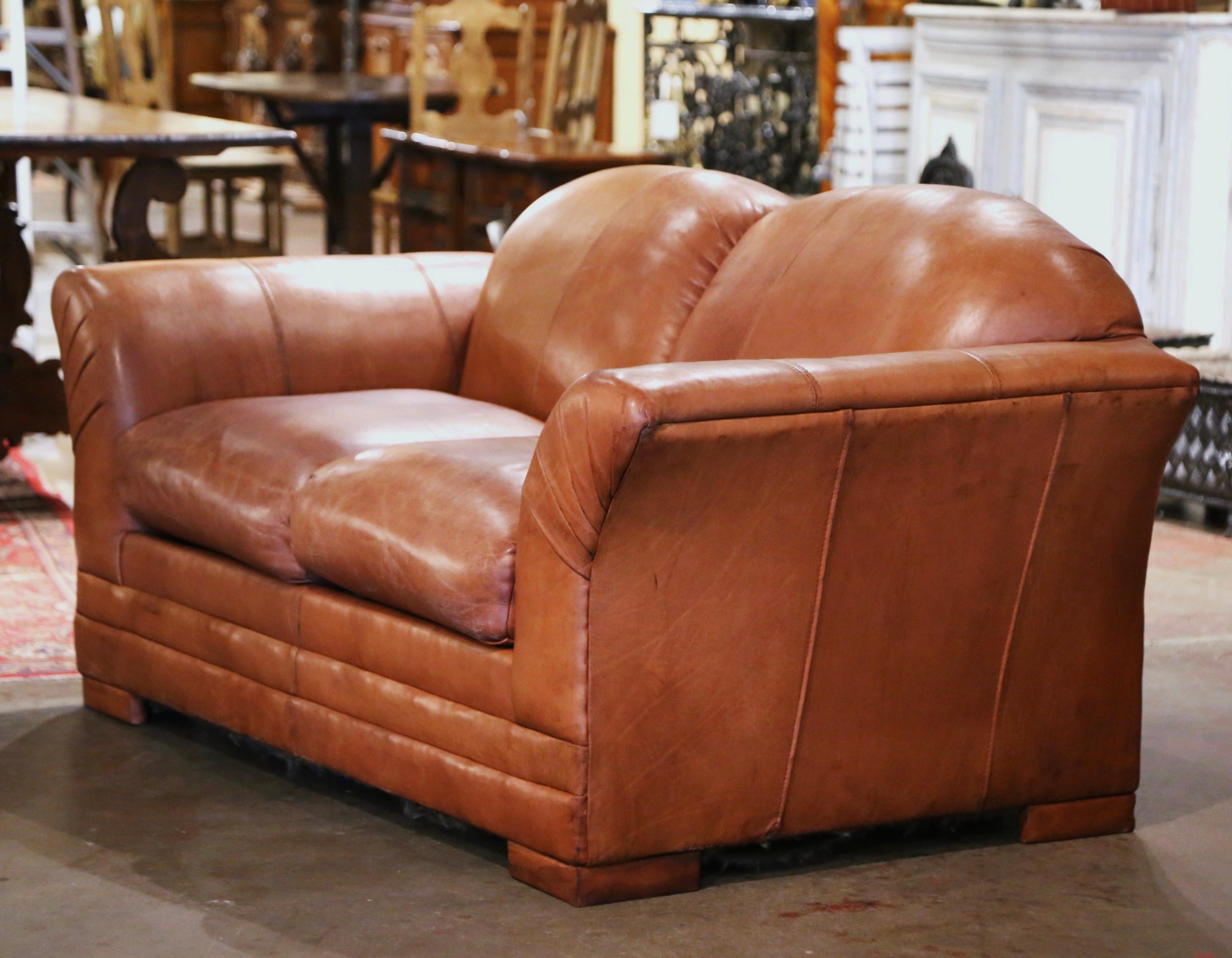 Vintage Mid-Century Sofa with Original Brown Leather In Excellent Condition For Sale In Dallas, TX
