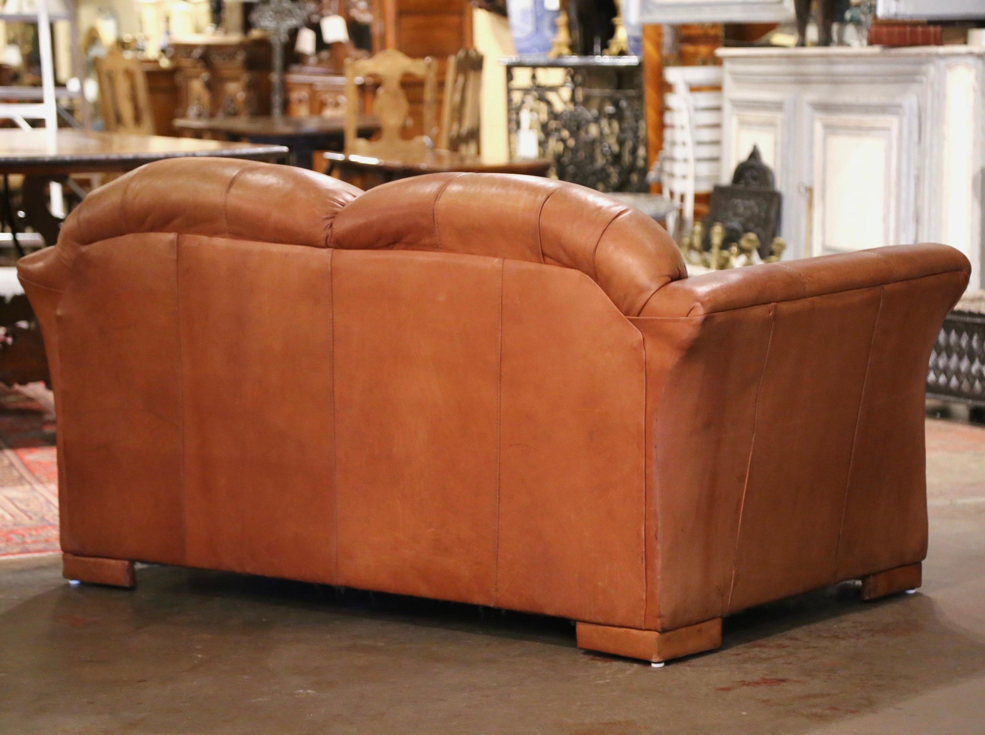 Vintage Mid-Century Sofa with Original Brown Leather For Sale 1