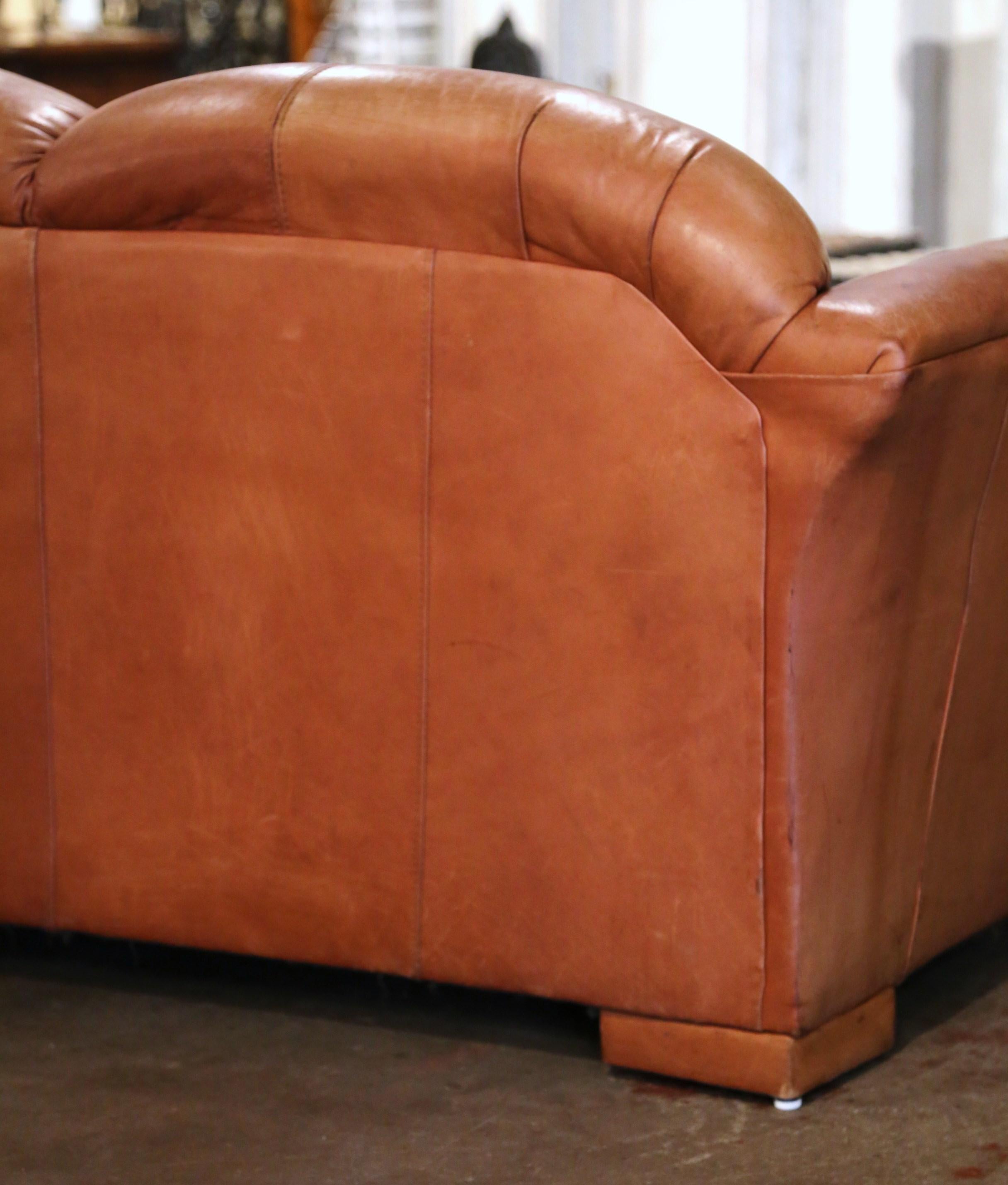 Vintage Mid-Century Sofa with Original Brown Leather For Sale 2