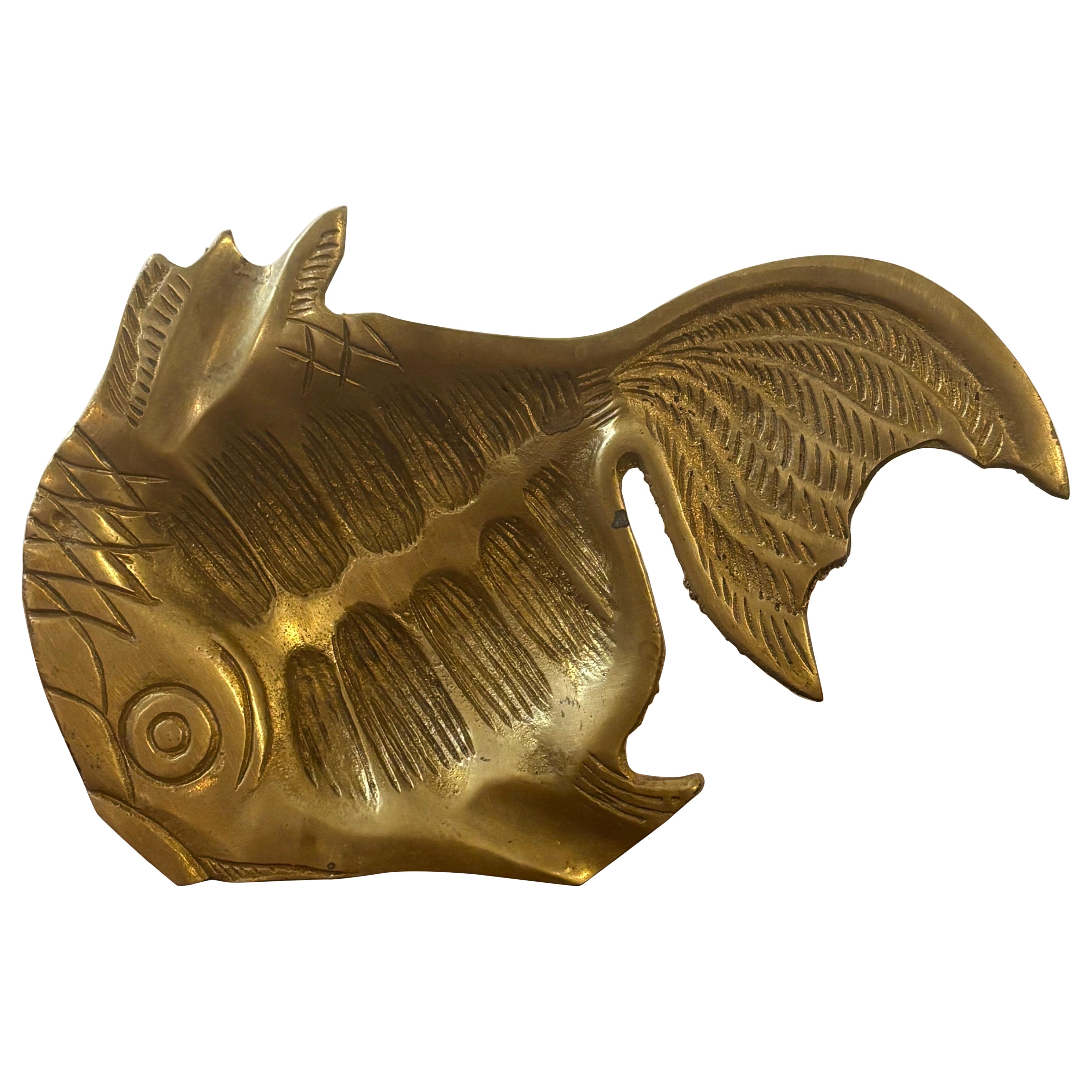 Vintage Mid-Century Solid Brass Fish Ashtray / Ring Dish