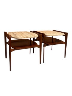 Vintage Mid Century Solid Walnut Travertine End Table By Bertha Schaefer