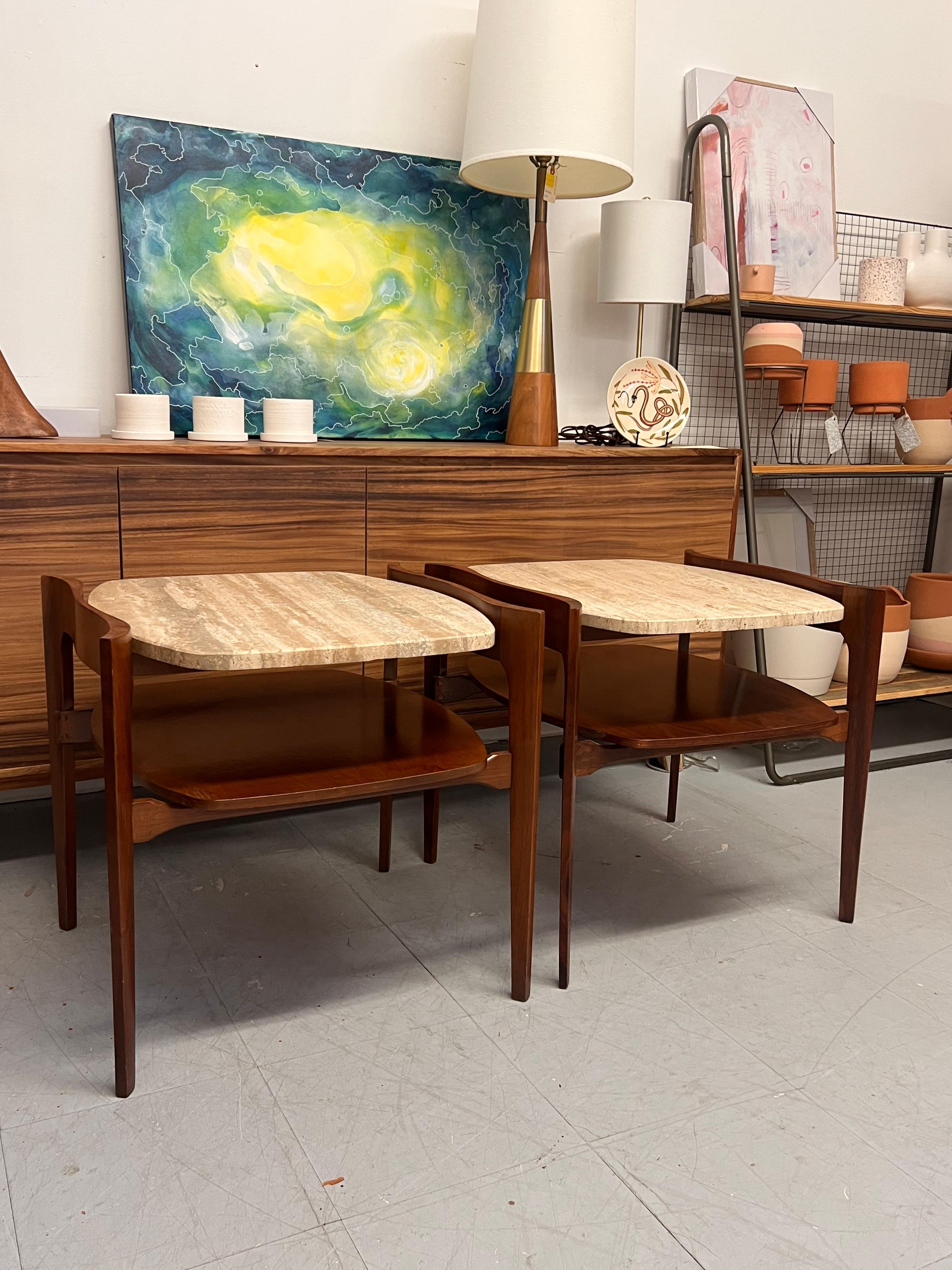 Vintage Mid Century Solid Walnut Travertine End Table By Bertha Schaefer In Good Condition For Sale In Seattle, WA