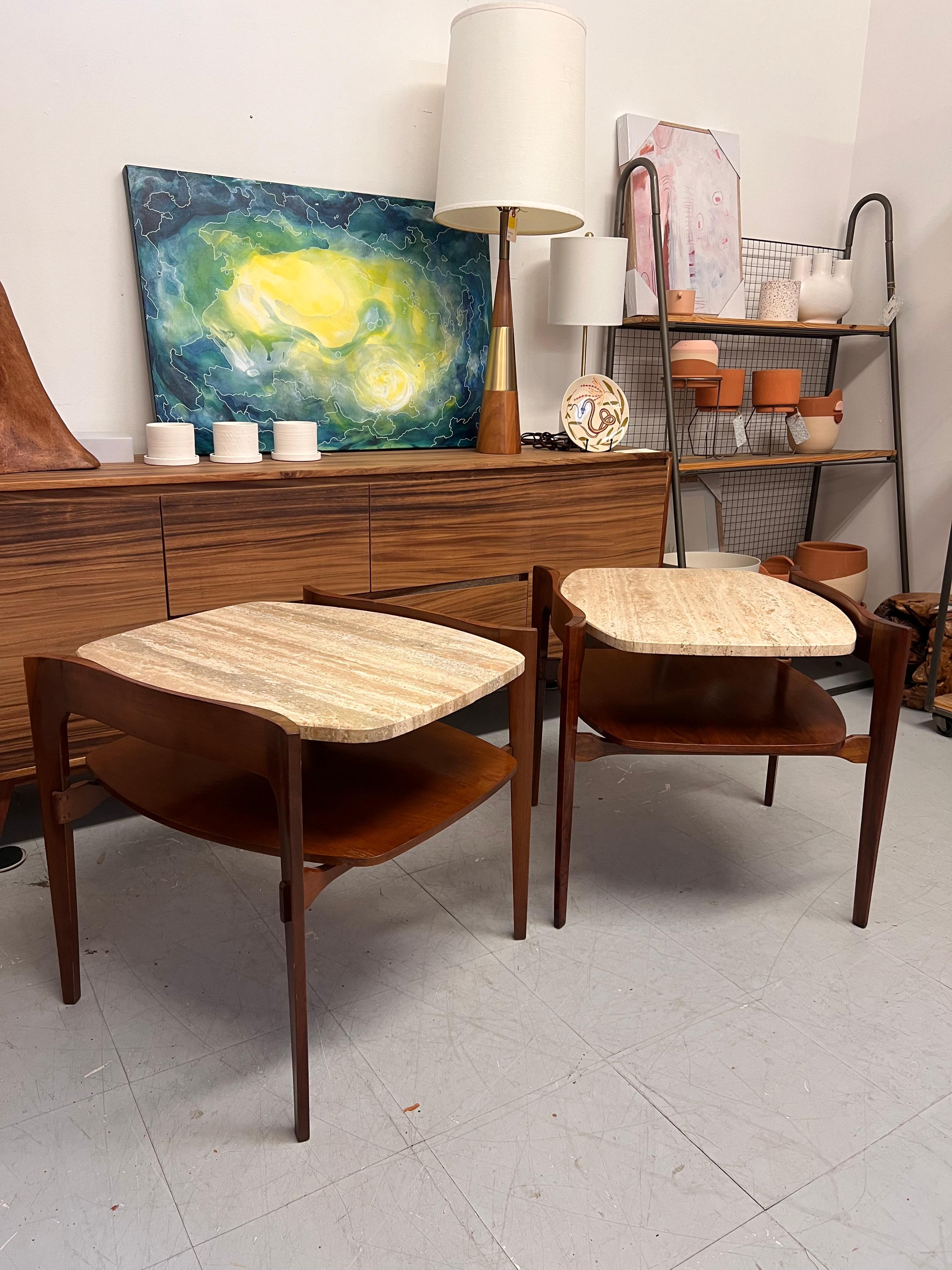 Late 20th Century Vintage Mid Century Solid Walnut Travertine End Table By Bertha Schaefer For Sale