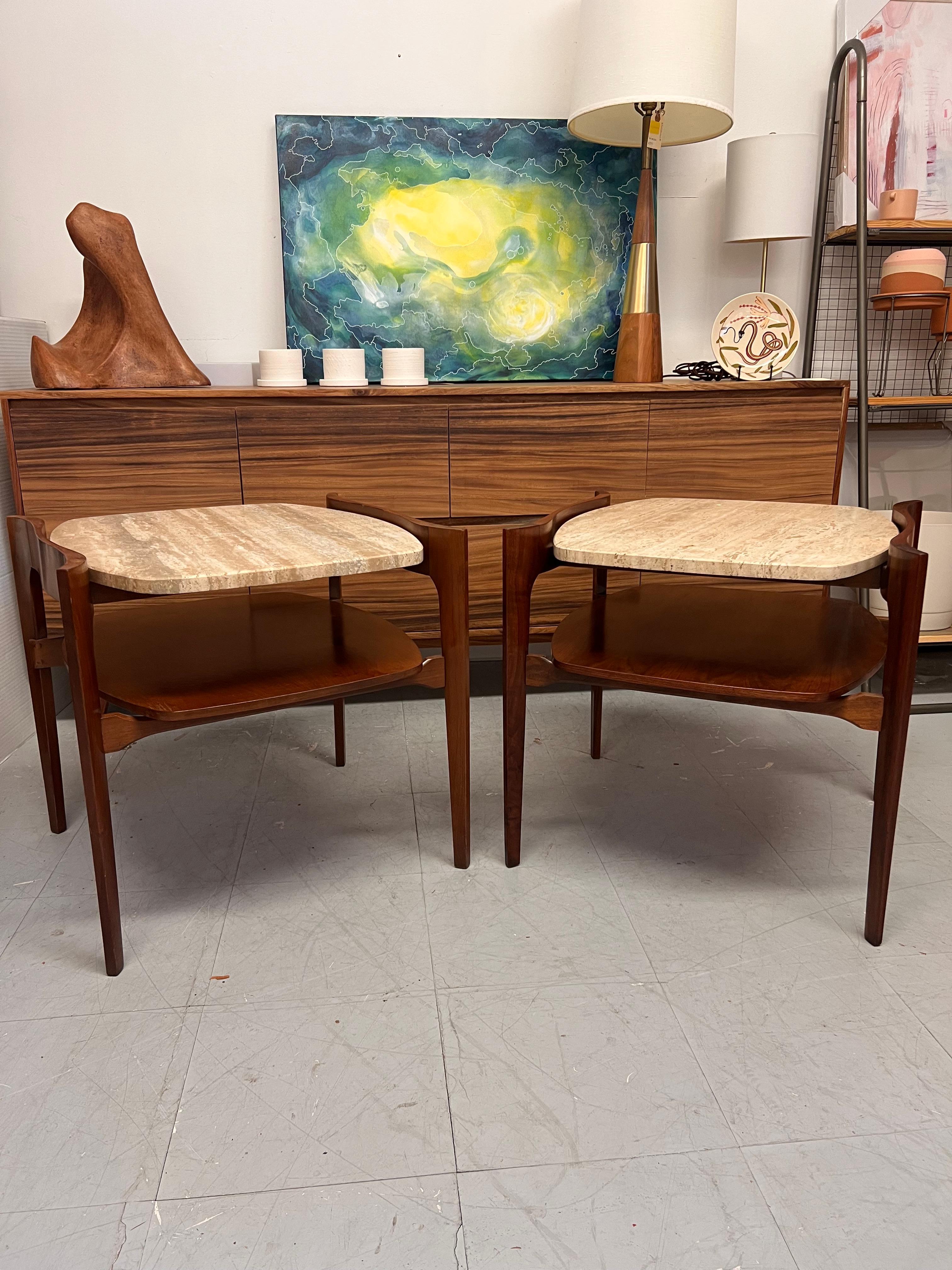 Vintage Mid Century Solid Walnut Travertine End Table By Bertha Schaefer For Sale 2