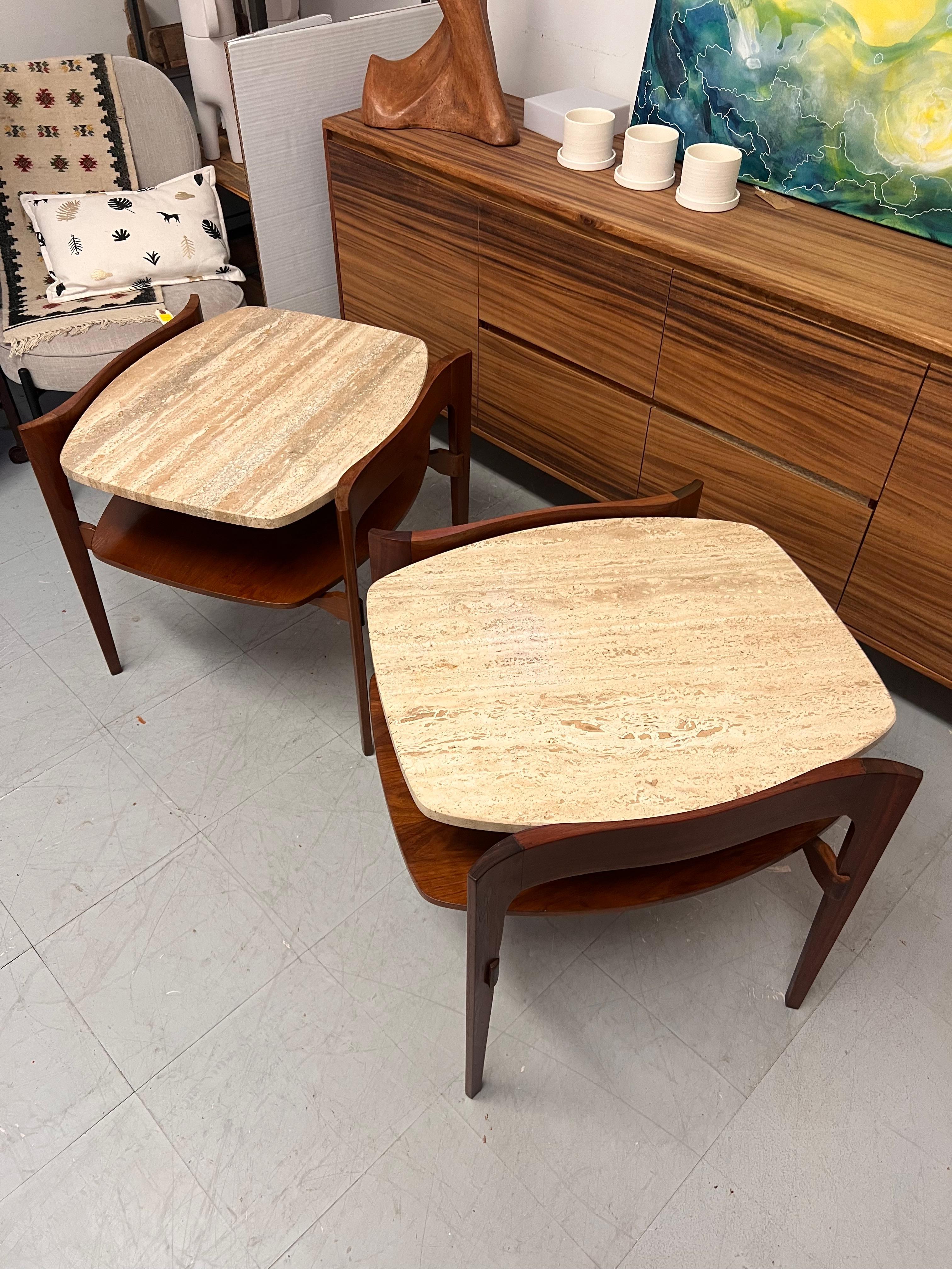 Vintage Mid Century Solid Walnut Travertine End Table By Bertha Schaefer For Sale 3