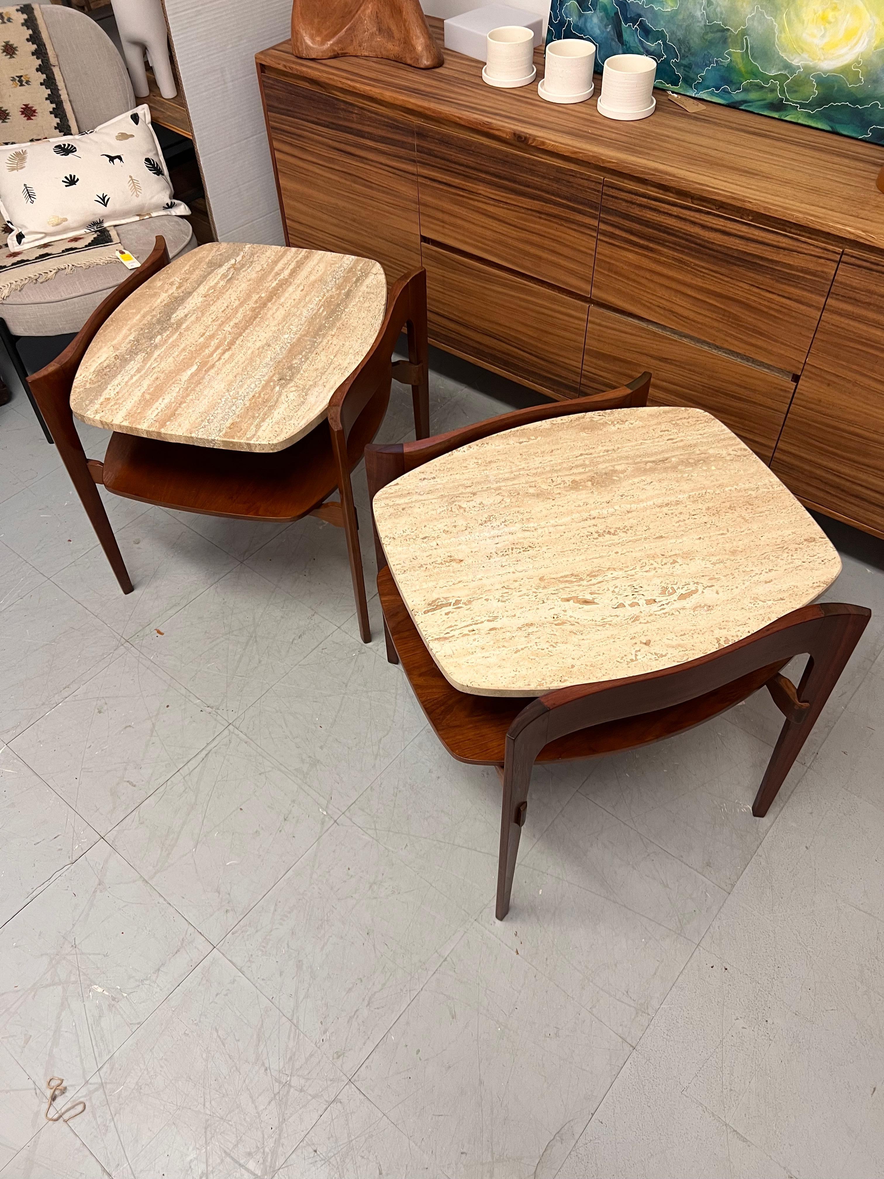 Vintage Mid Century Solid Walnut Travertine End Table By Bertha Schaefer For Sale 4