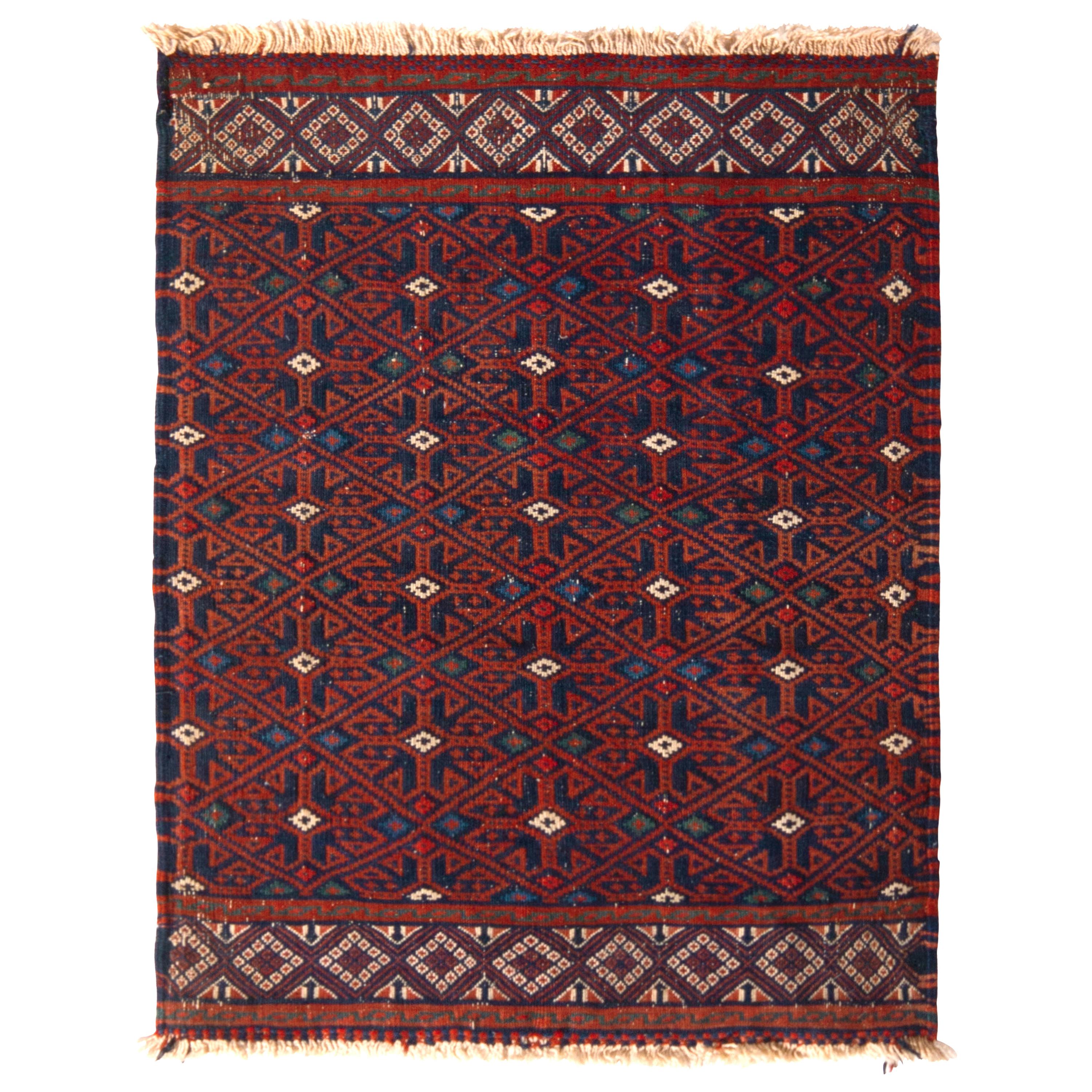 Vintage Midcentury Soumak Red and Blue Wool Kilim Rug by Rug & Kilim For Sale