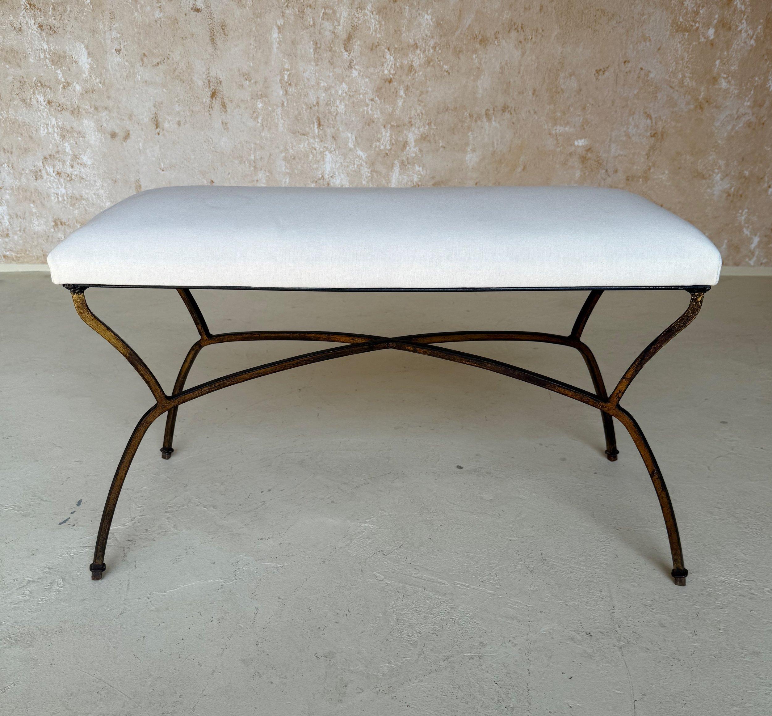 Vintage Mid Century Spanish Gilt Iron Bench In Good Condition For Sale In Buchanan, NY