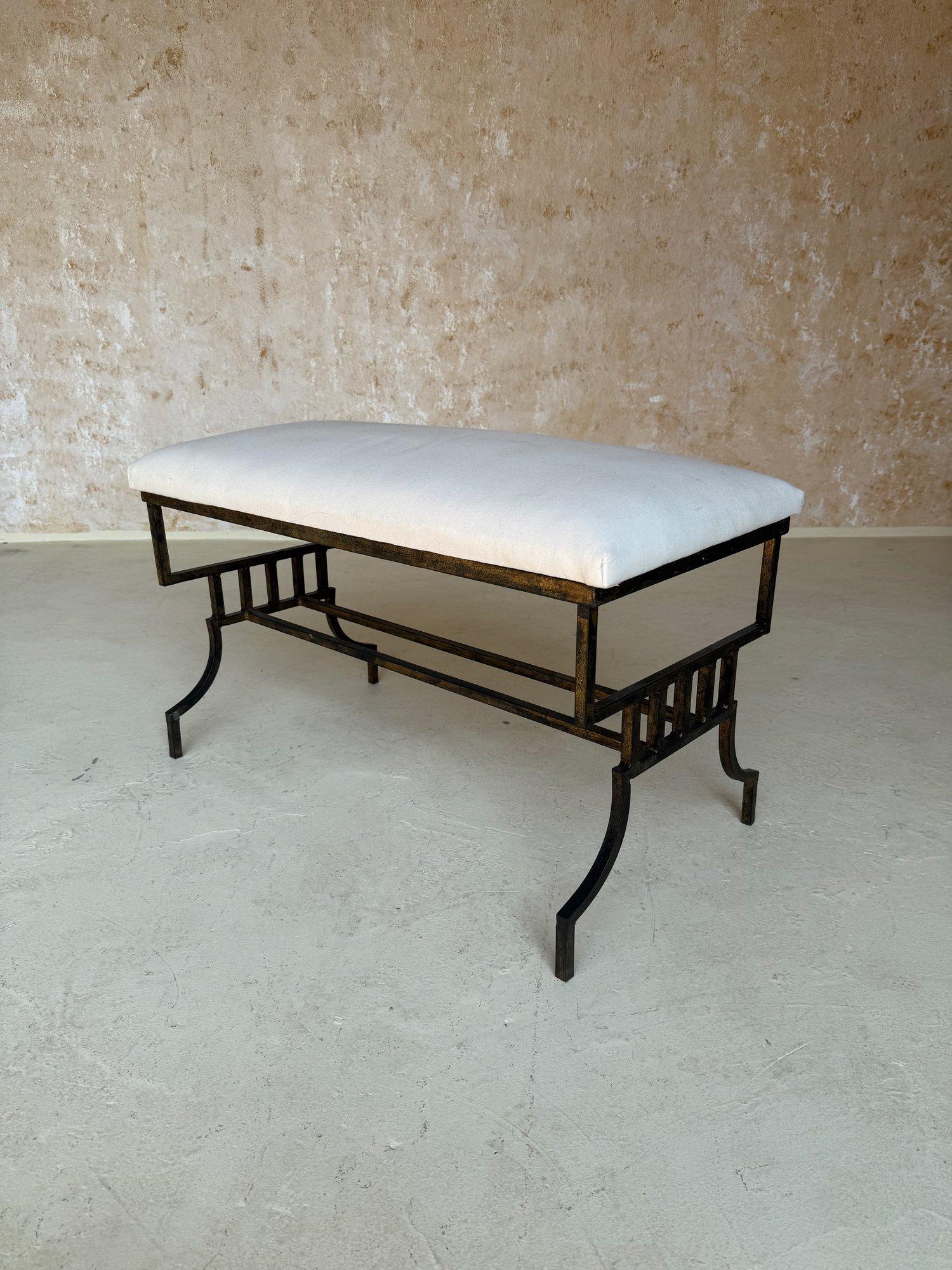Vintage Mid Century Spanish Gilt Iron Bench with Geometric Base For Sale 5