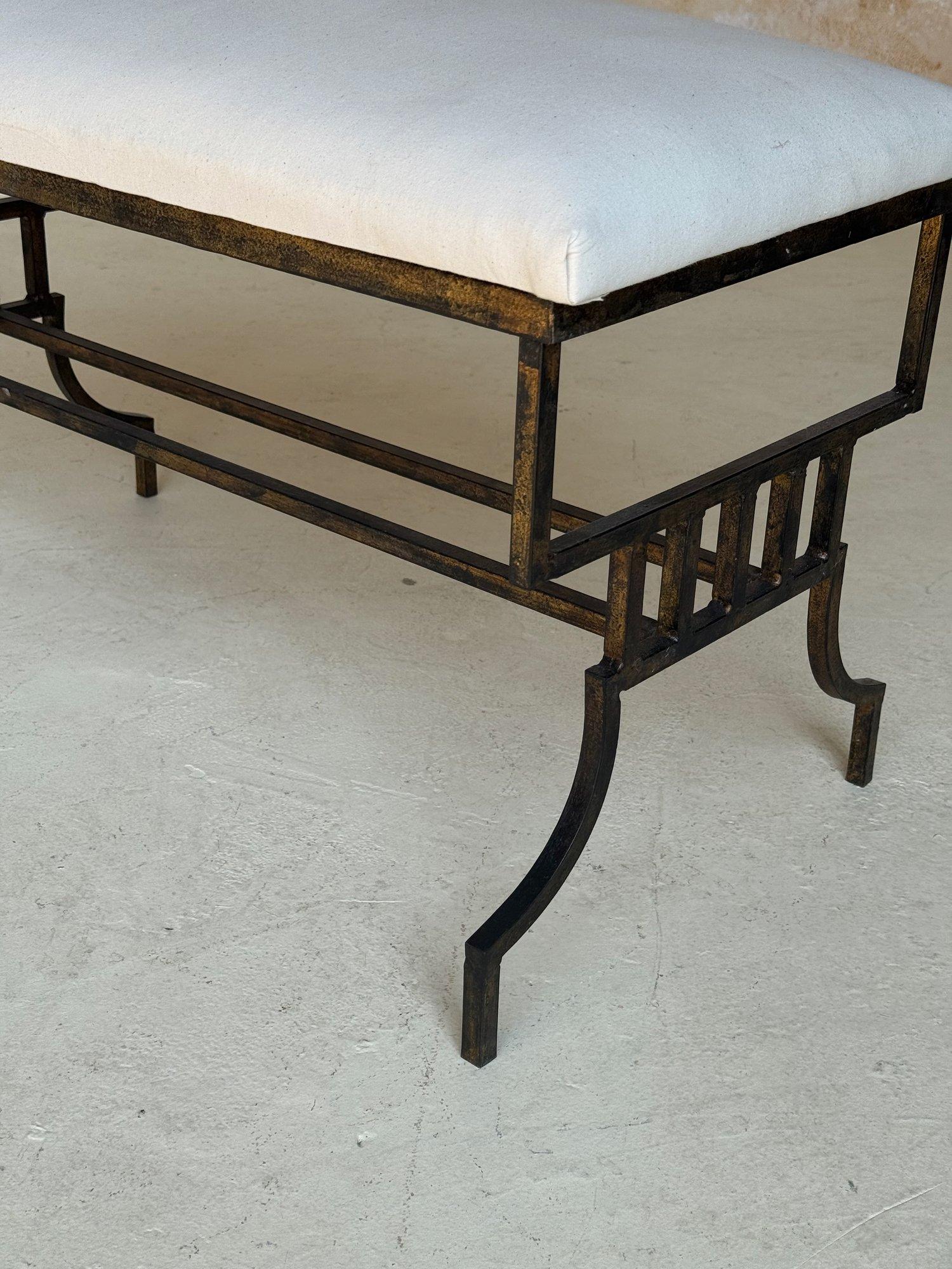 Vintage Mid Century Spanish Gilt Iron Bench with Geometric Base For Sale 6