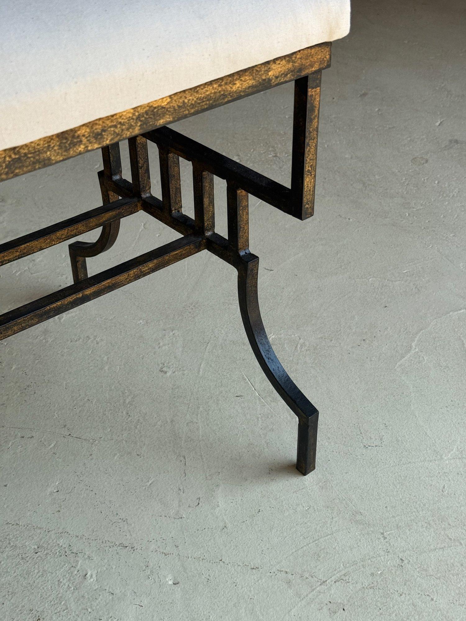 Vintage Mid Century Spanish Gilt Iron Bench with Geometric Base For Sale 7