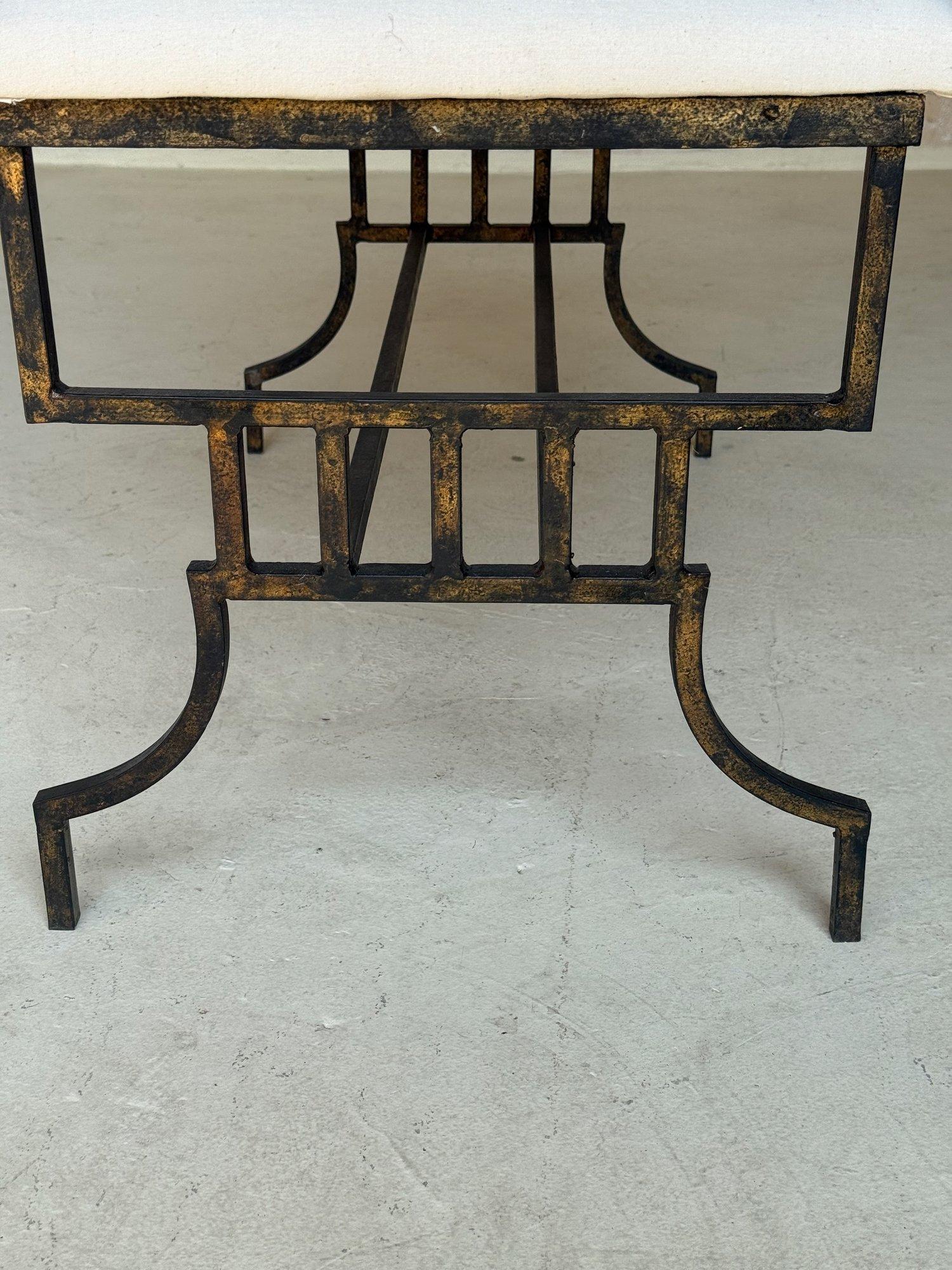 Vintage Mid Century Spanish Gilt Iron Bench with Geometric Base For Sale 8